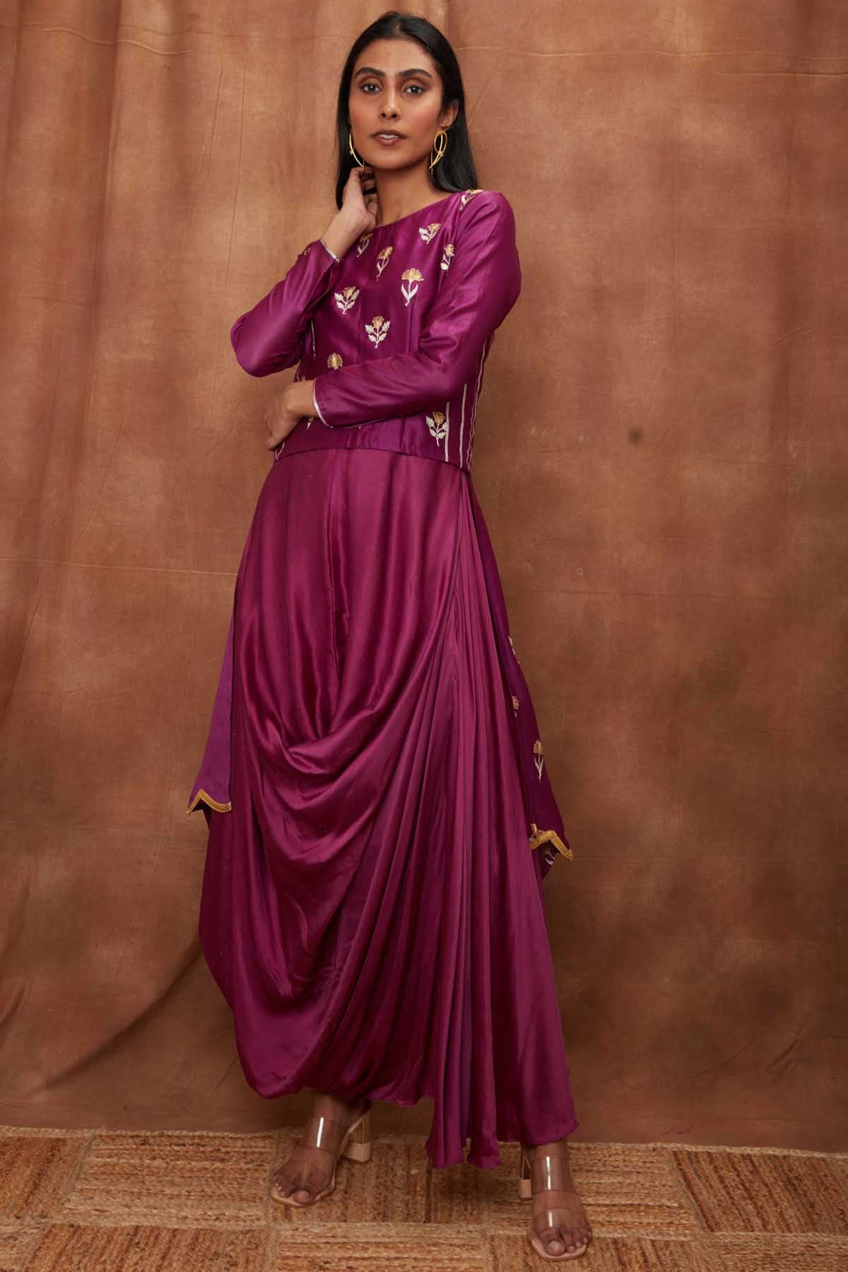 Purple Silk Scalloped Top & Cowl Dress