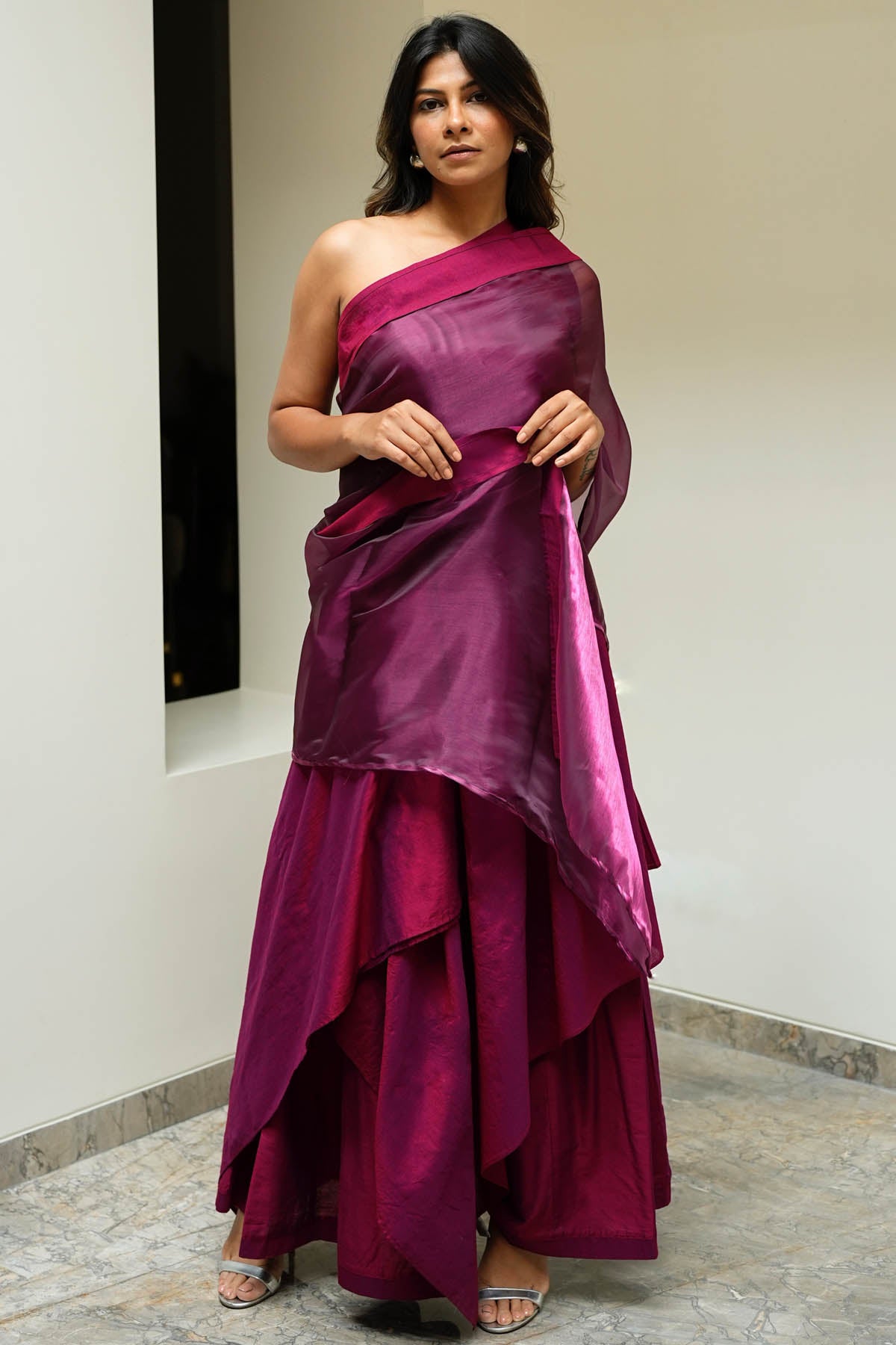 Purple Slub Silk Saree Co-ord Set