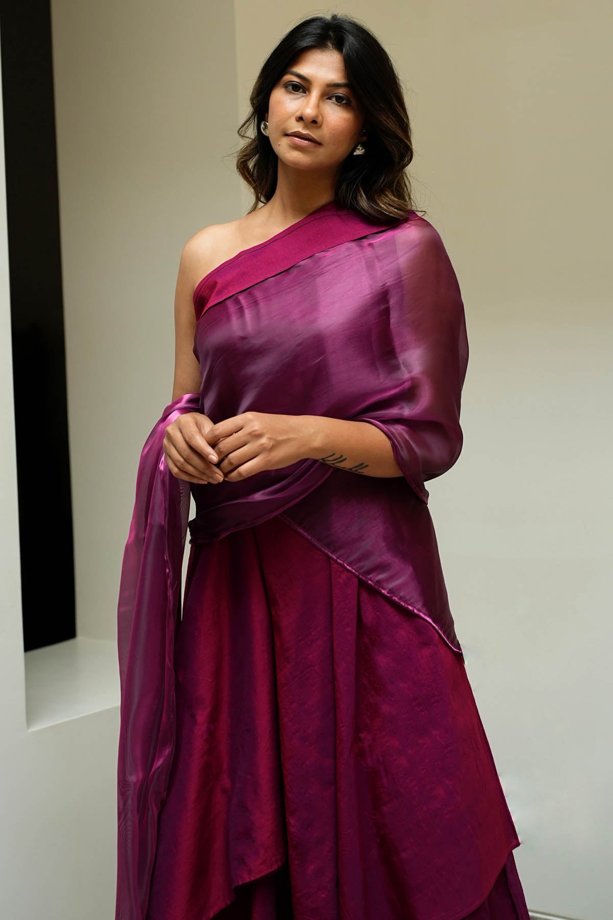 Purple Slub Silk Saree Co-ord Set