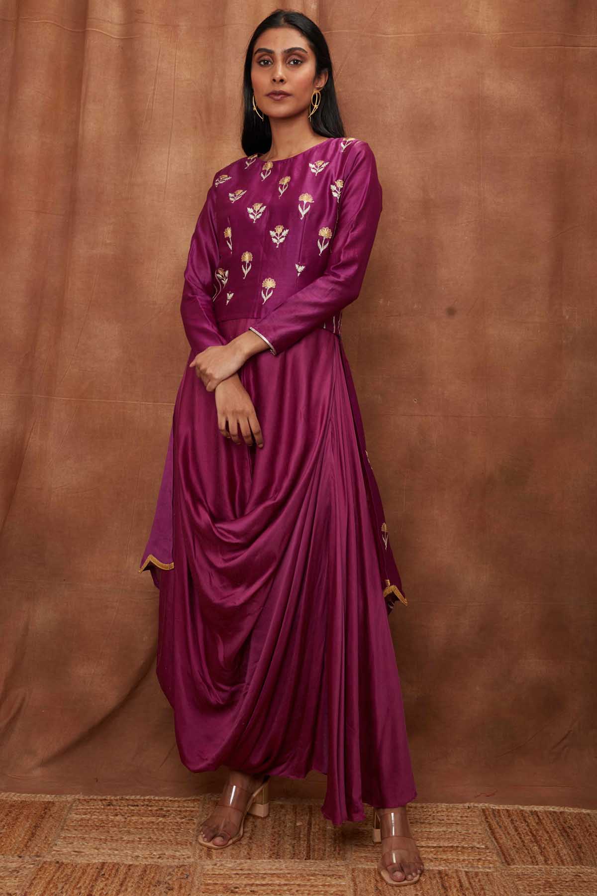 Buy Purple Silk Scalloped Top & Cowl Dress for Women Online
