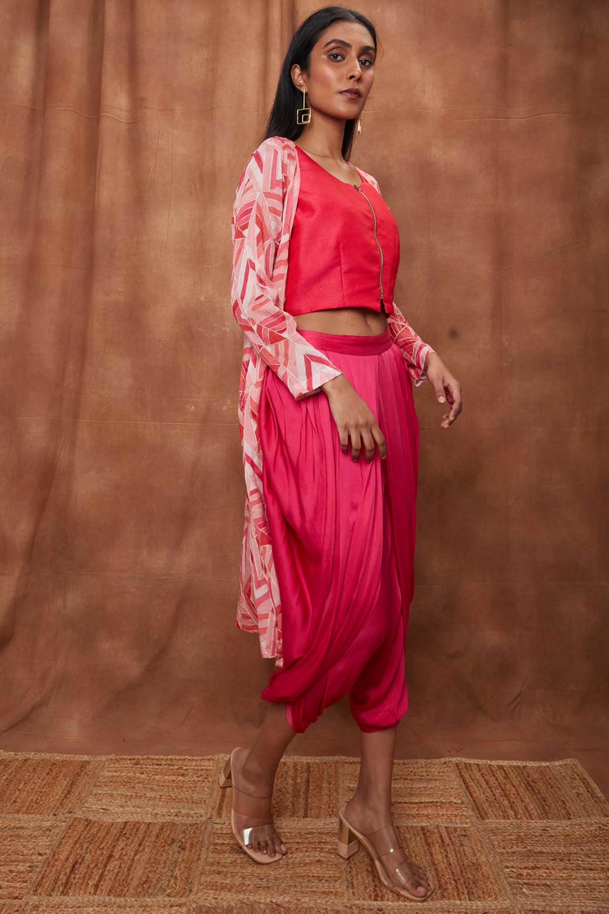Rani Pink Placement Cape & Dhoti Set