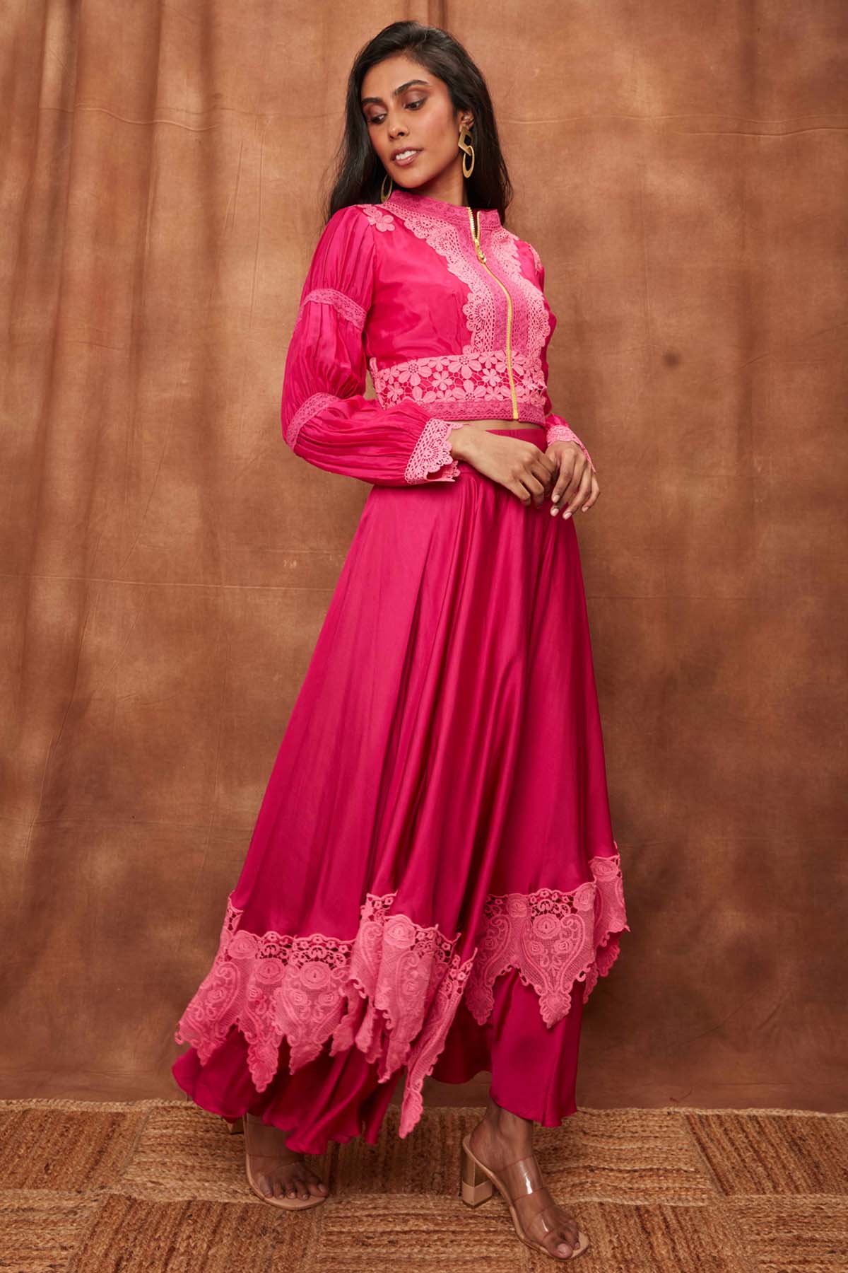 Rani Pink Silk Jacket & Laced Skirt