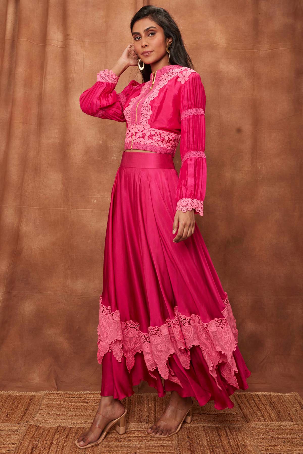 Rani Pink Silk Jacket & Laced Skirt