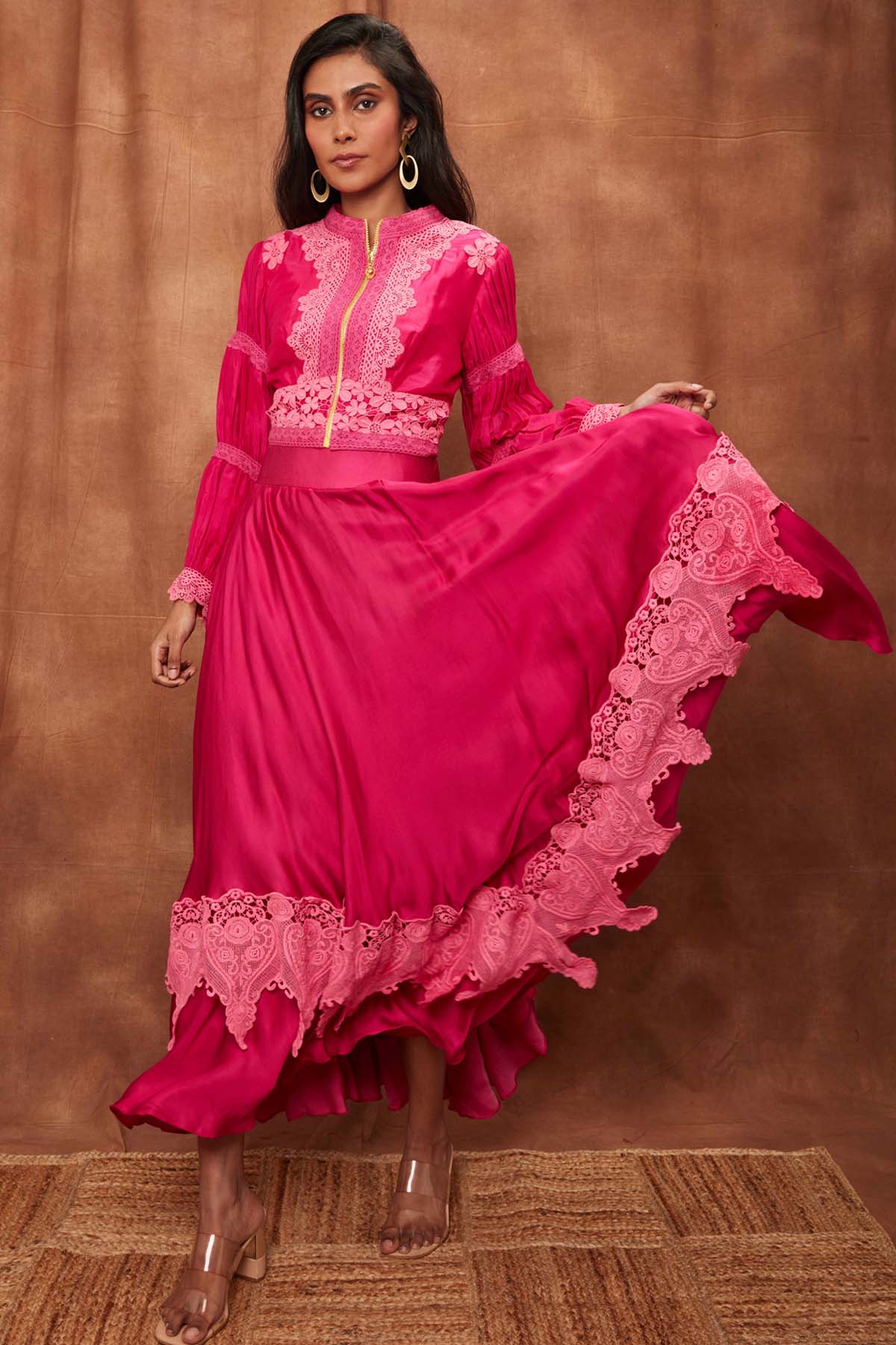 Rani Pink Silk Jacket & Laced Skirt