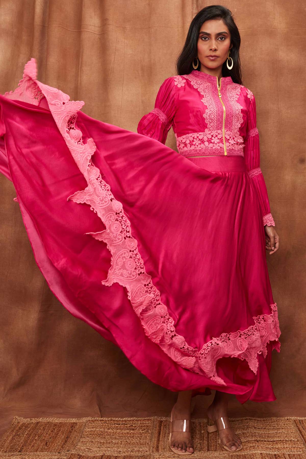 Buy Rani Pink Silk Jacket & Laced Skirt for Women Online