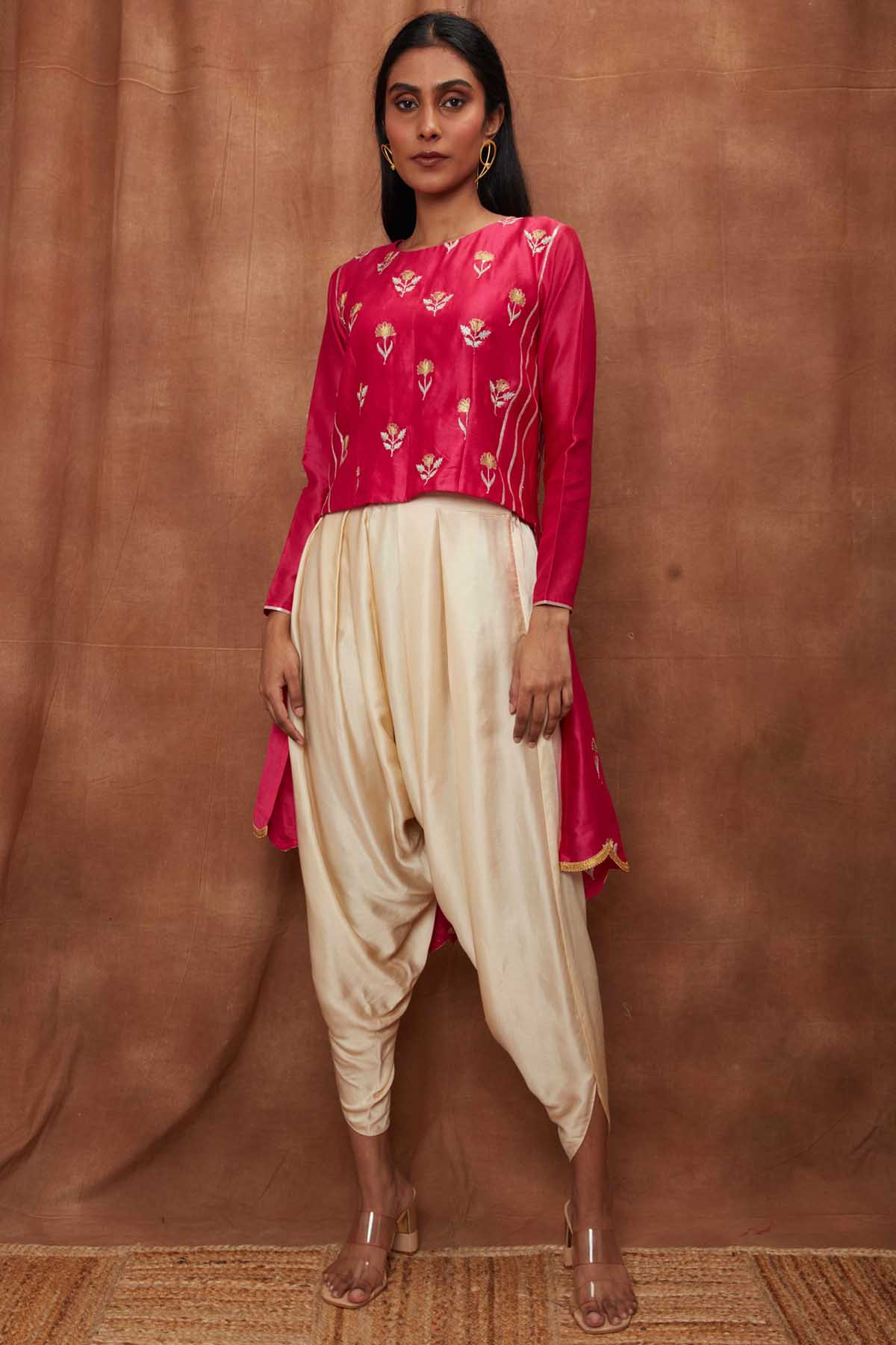 Buy Rani Pink Silk Top & Draped Dhoti for Women Online