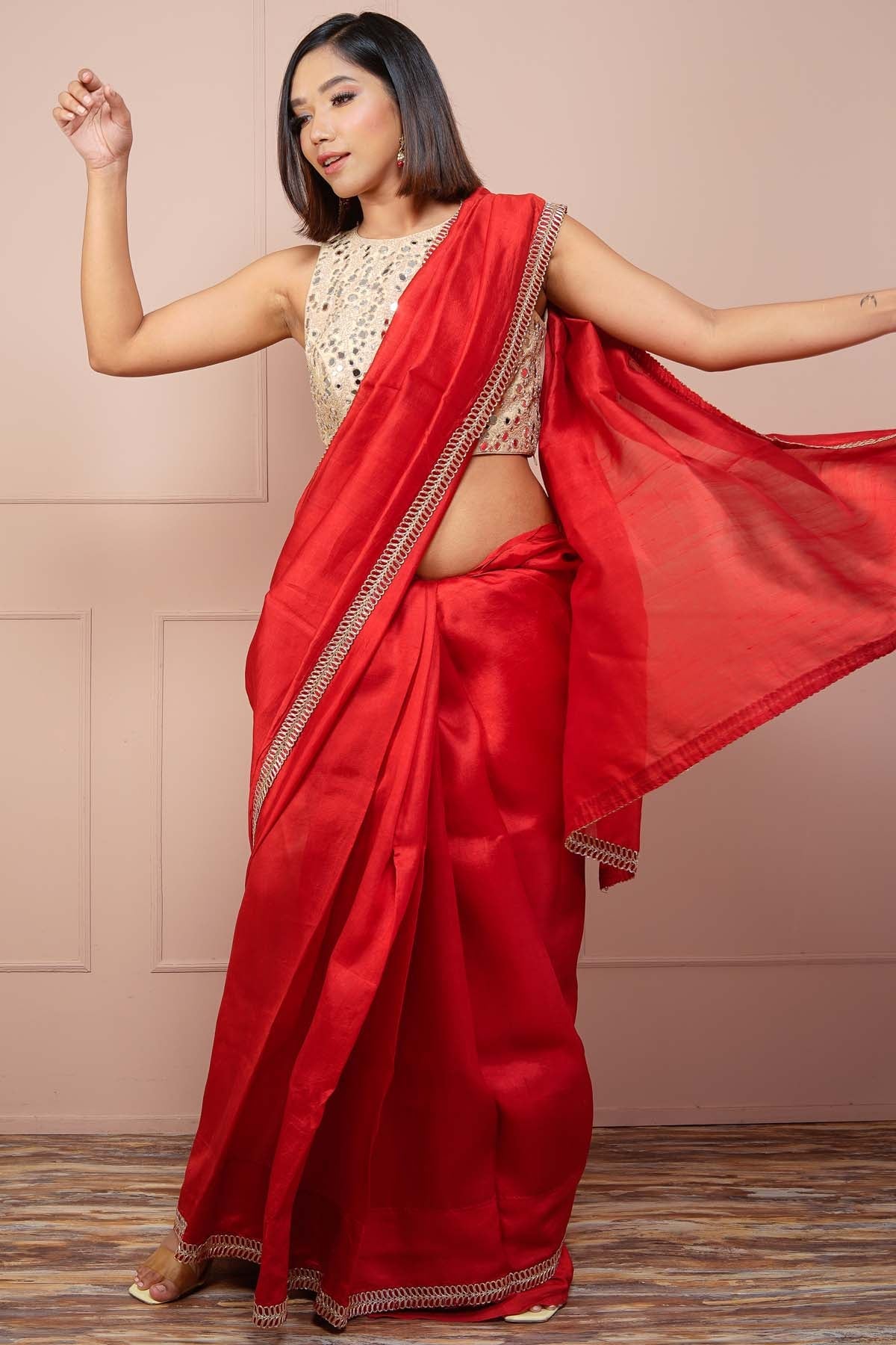 Raw Silk Saree & Mirror Blouse Set