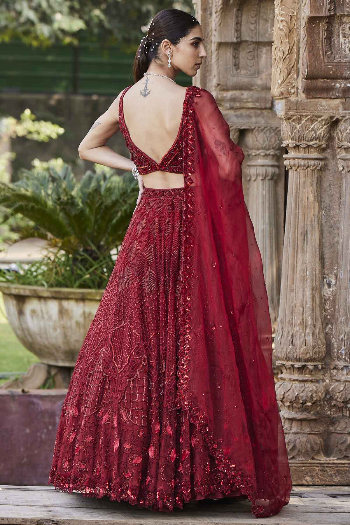 Red Embroidered Lehenga Set