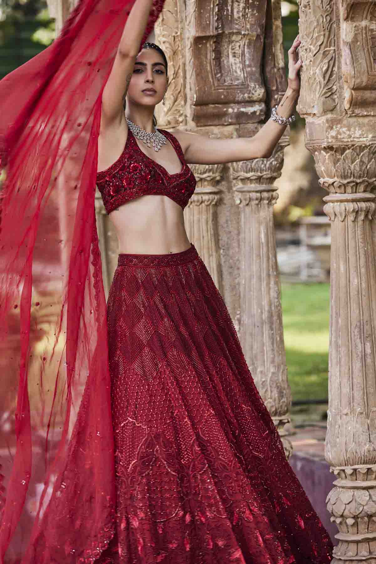 Red Embroidered Lehenga Set