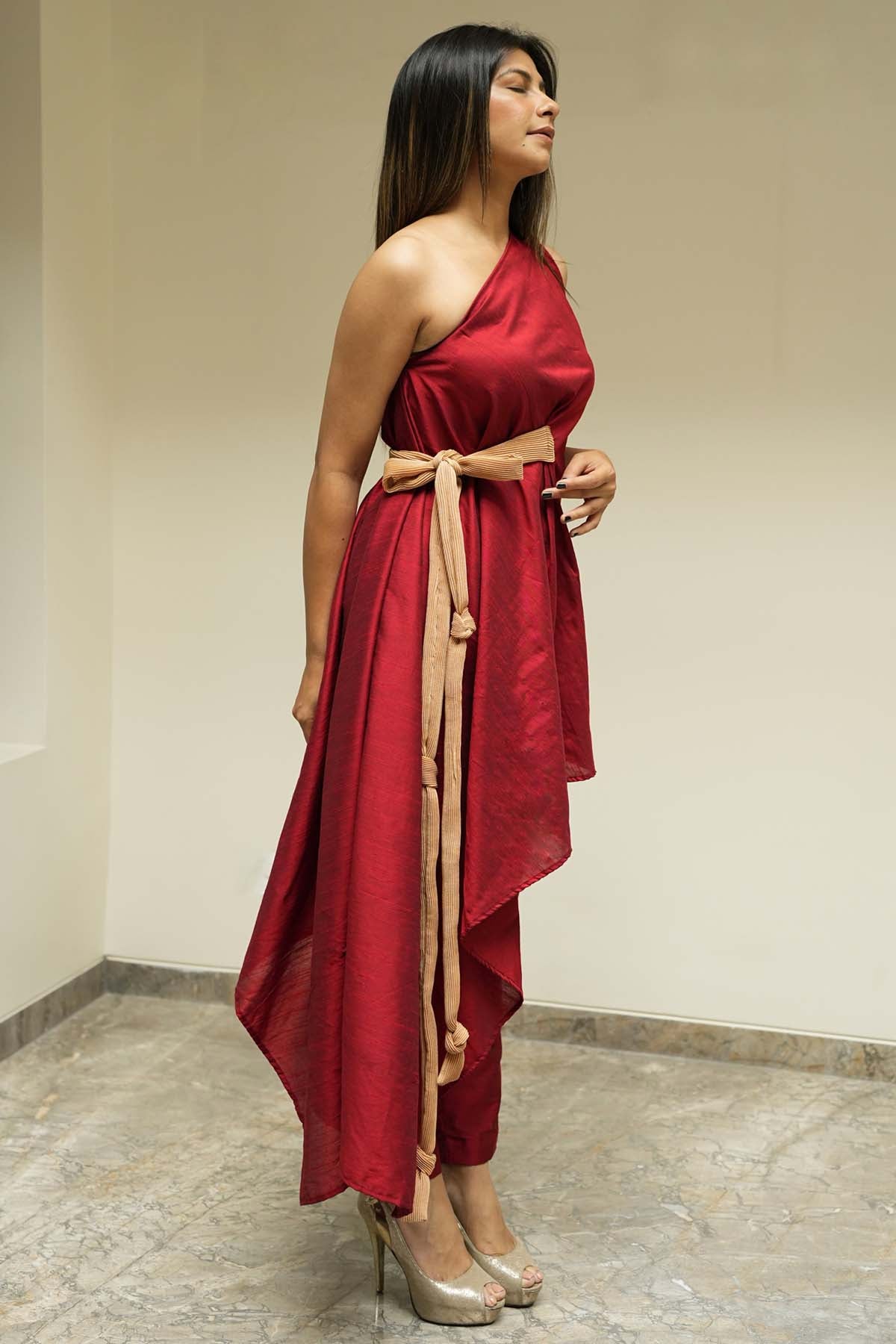 Red Handloom Slub Silk Co-ord Set