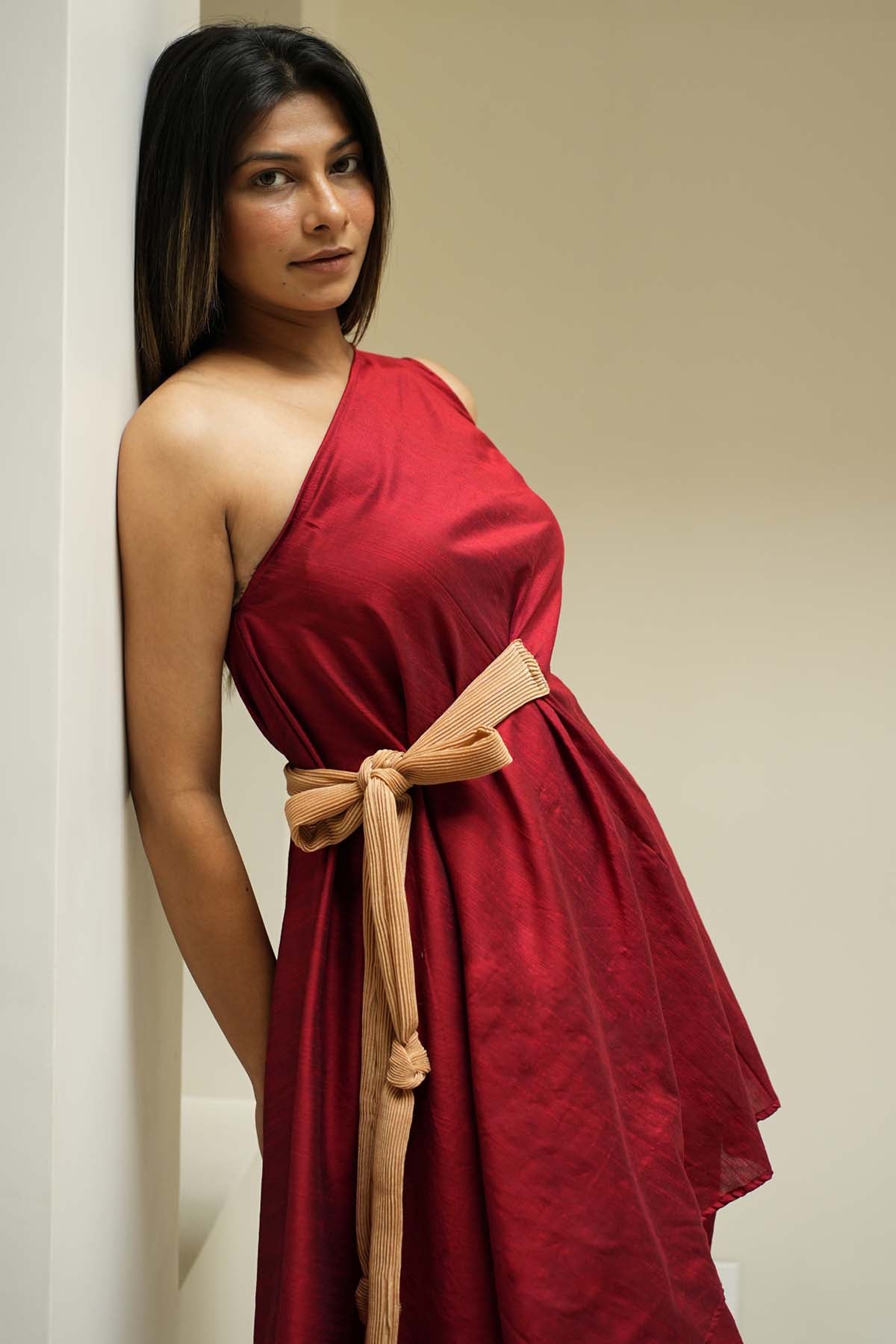 Red Handloom Slub Silk Co-ord Set