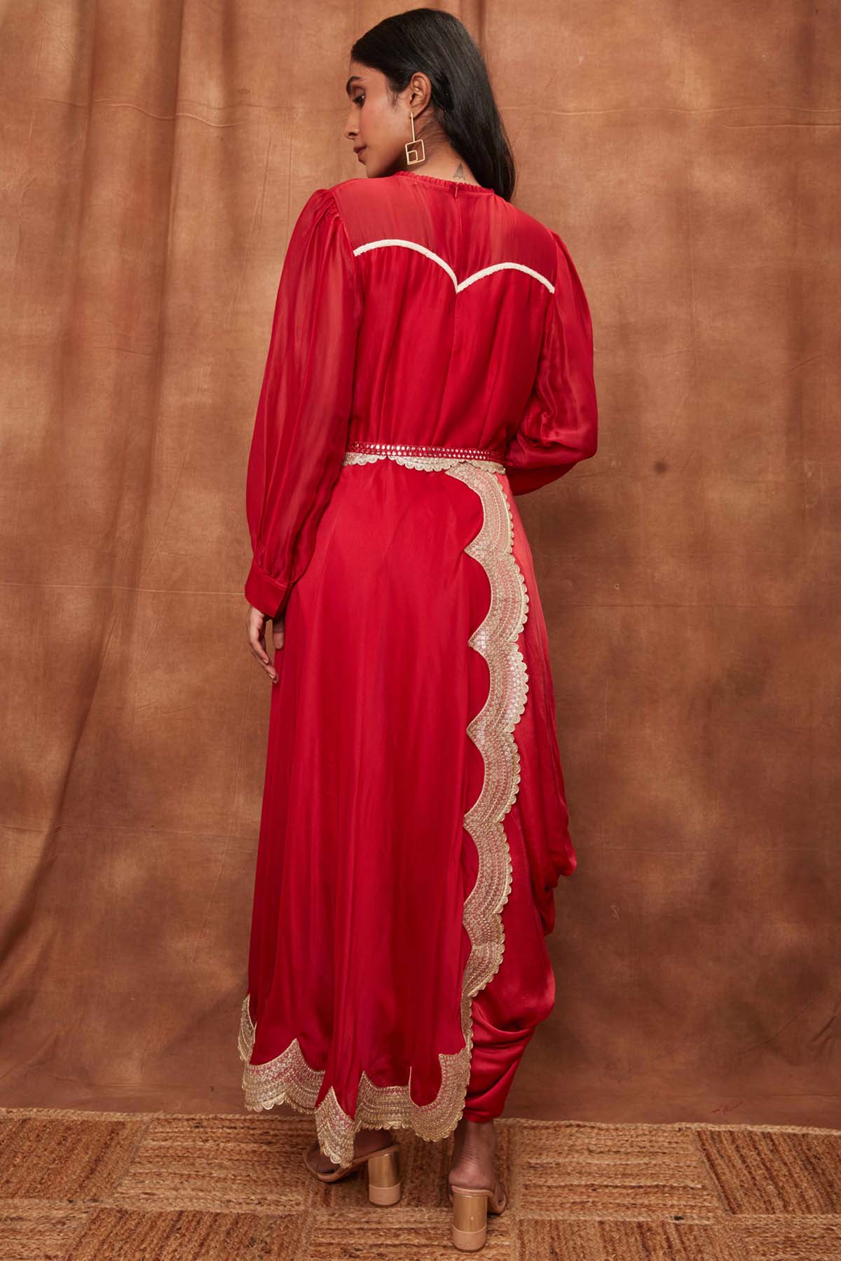 Red Silk Organza Cowled Dress