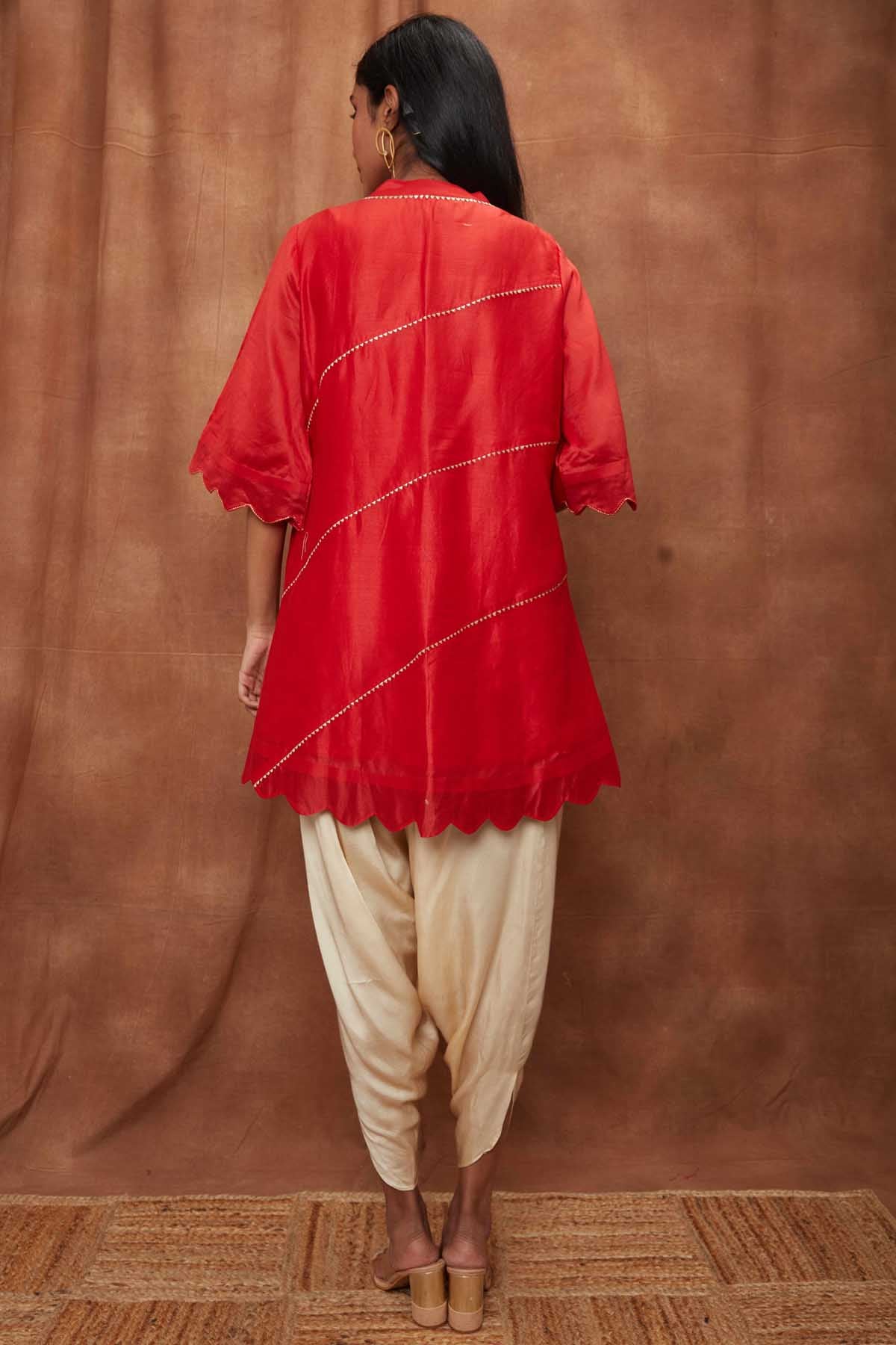 Red Silk Scalloped Kurta & Dhoti