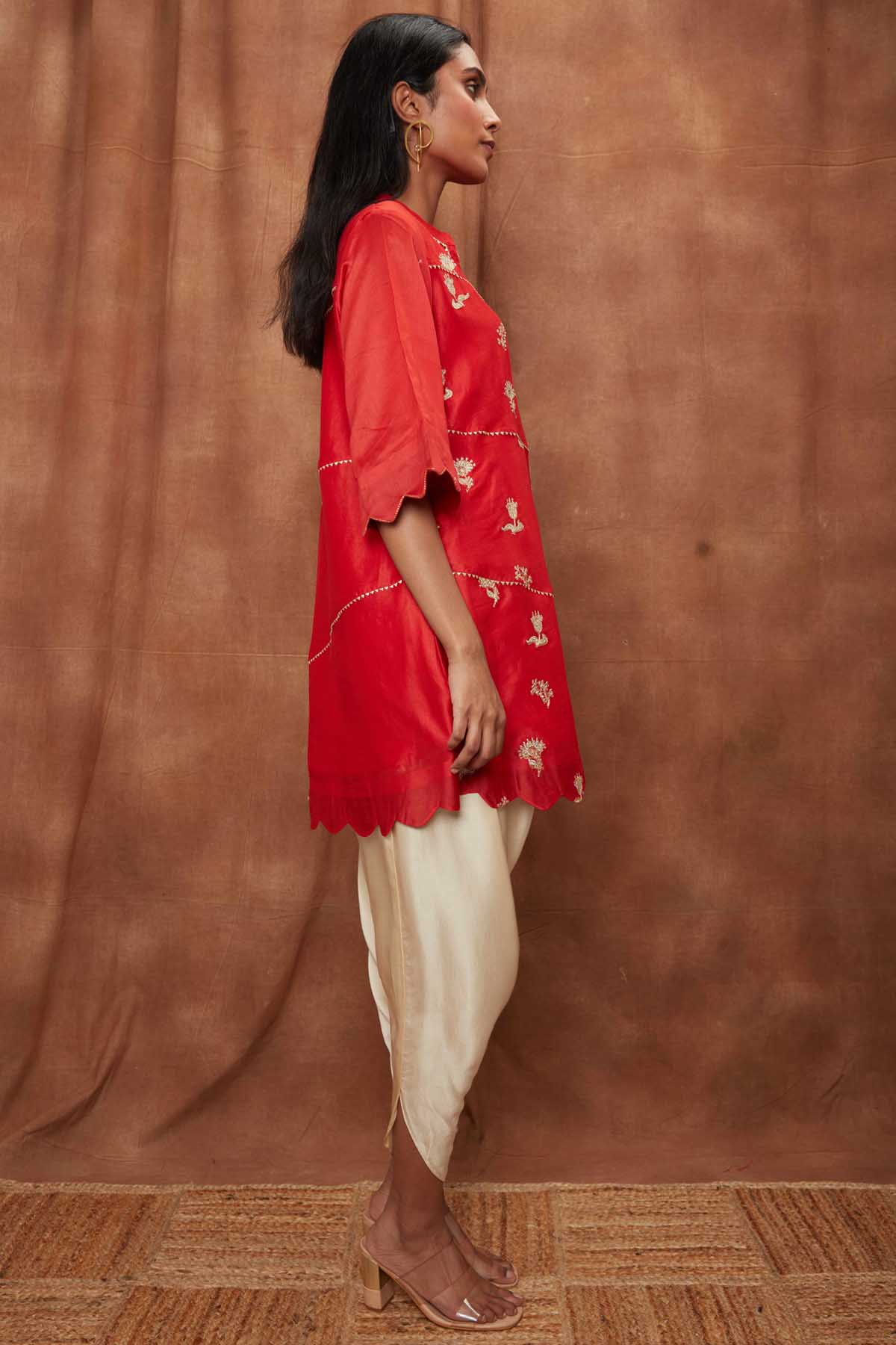 Red Silk Scalloped Kurta & Dhoti