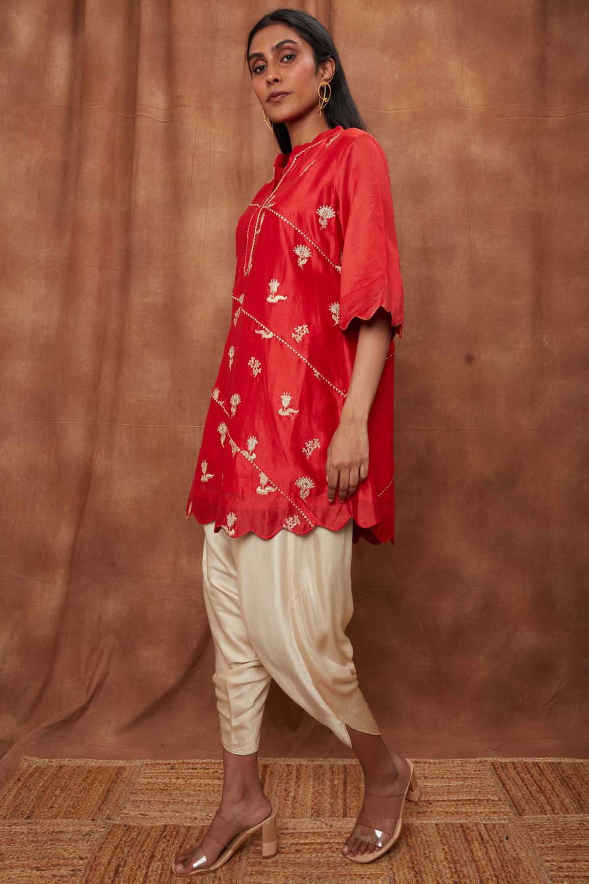 Red Silk Scalloped Kurta & Dhoti