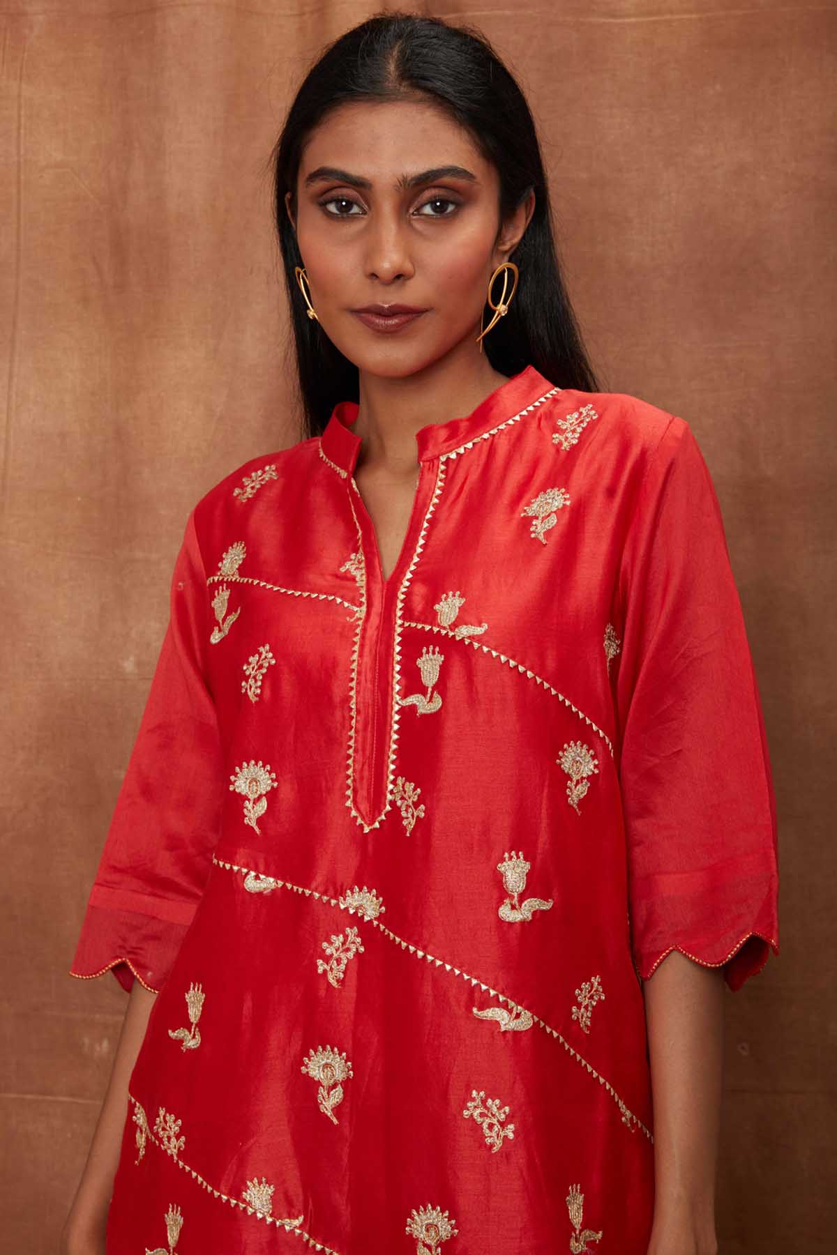 Red Silk Scalloped Kurta & Dhoti