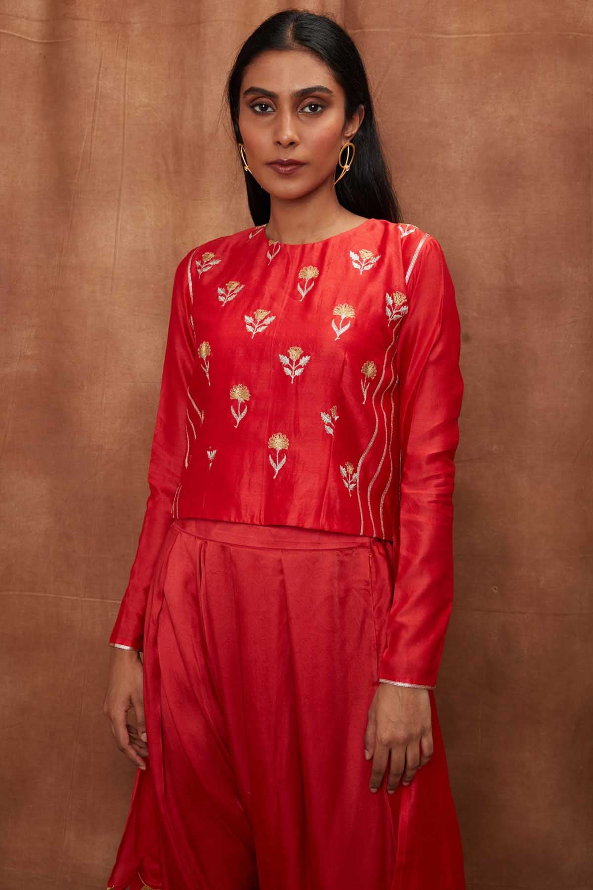 Red Silk Top & Draped Dhoti