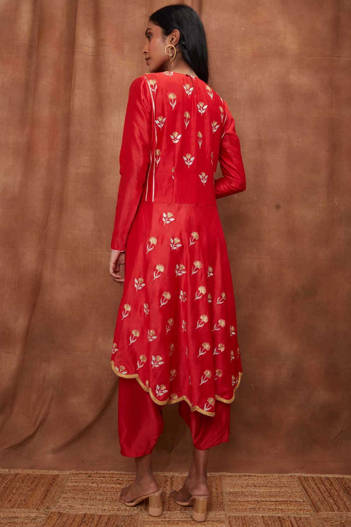 Red Silk Top & Draped Dhoti