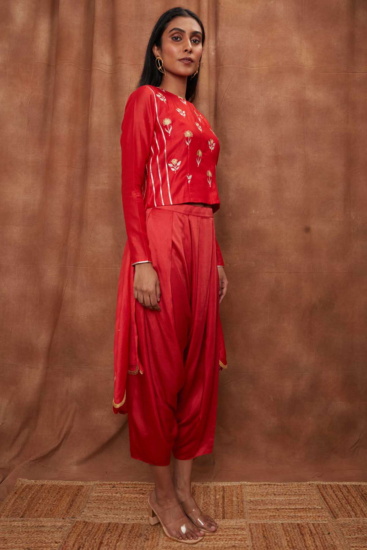 Red Silk Top & Draped Dhoti