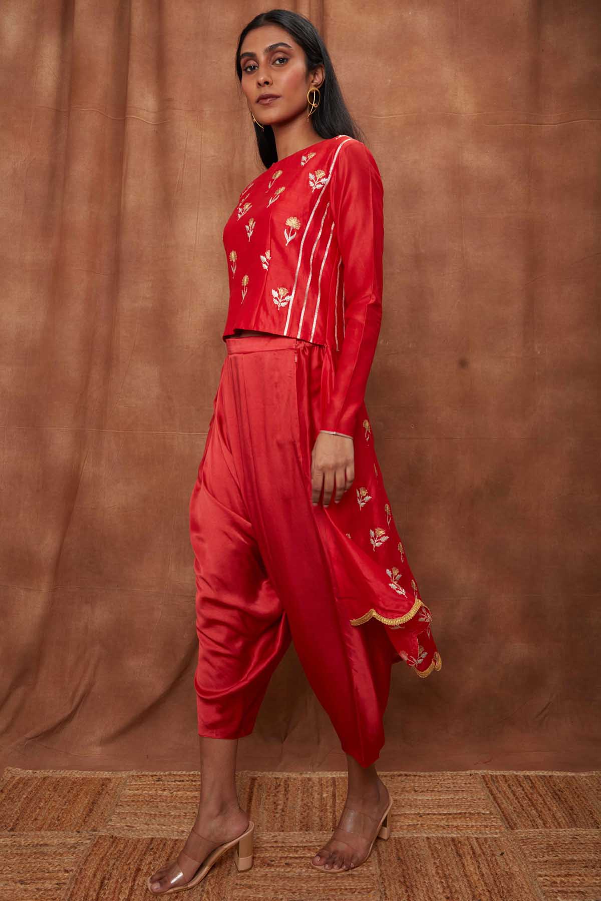 Red Silk Top & Draped Dhoti