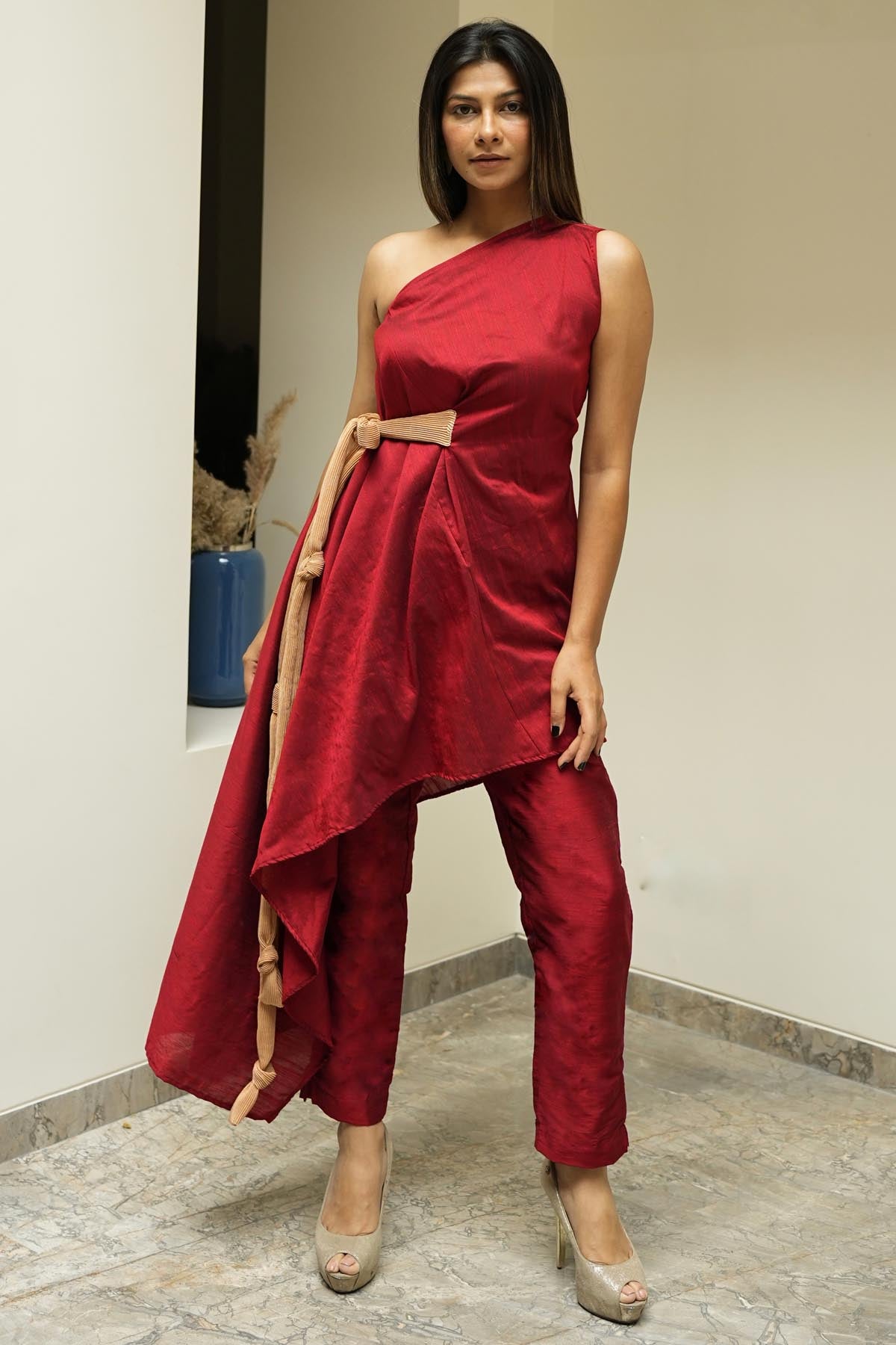 Buy Red Handloom Slub Silk Co-ord Set For Women's available at ScrollnShops