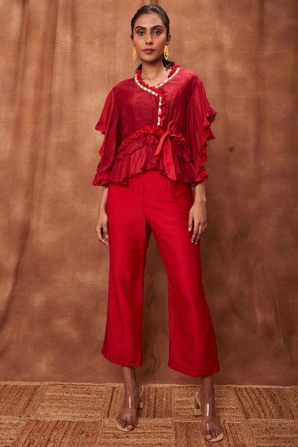 Buy Red Silk Ruffle Top & Fishcut Pants for Women Online