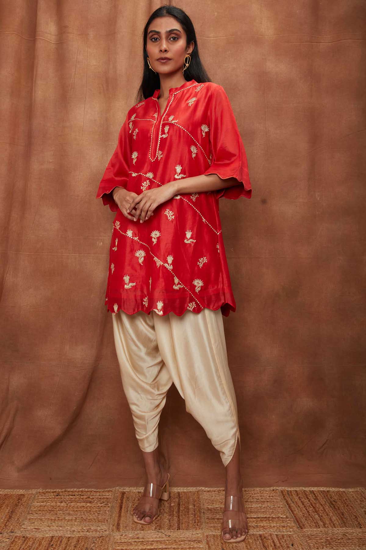 Buy Red Silk Scalloped Kurta & Dhoti for Women Online