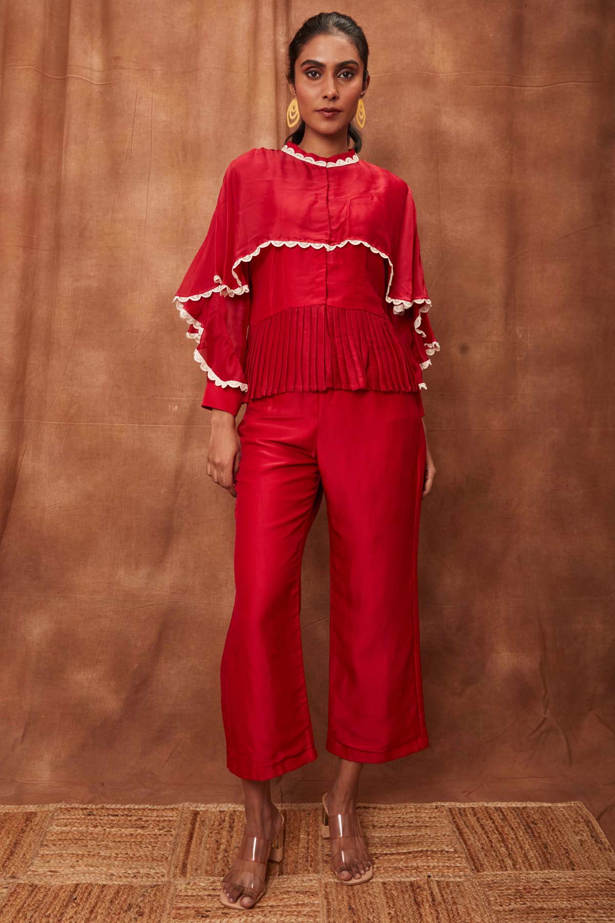 Buy Red Silk Sculpted Pintuck Top & Pants for Women Online