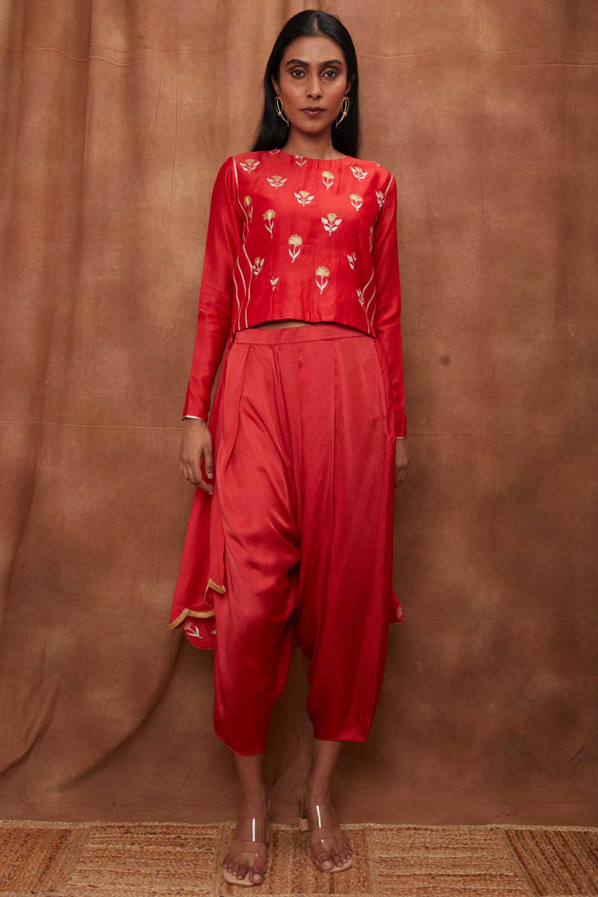 Buy Red Silk Top & Draped Dhoti for Women Online