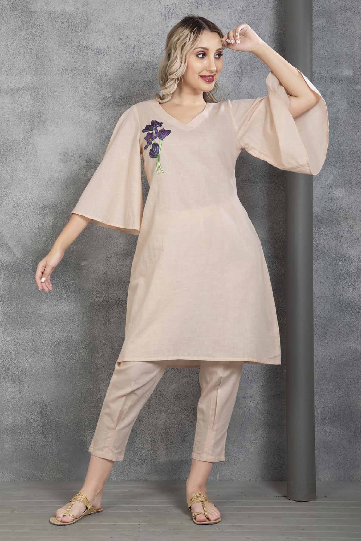 Peach Resham Hand Work Tunic Set