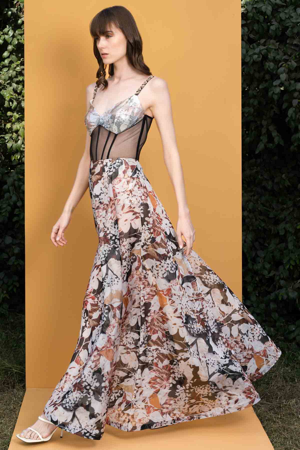 Rose Printed Spandex Ball Chain Dress