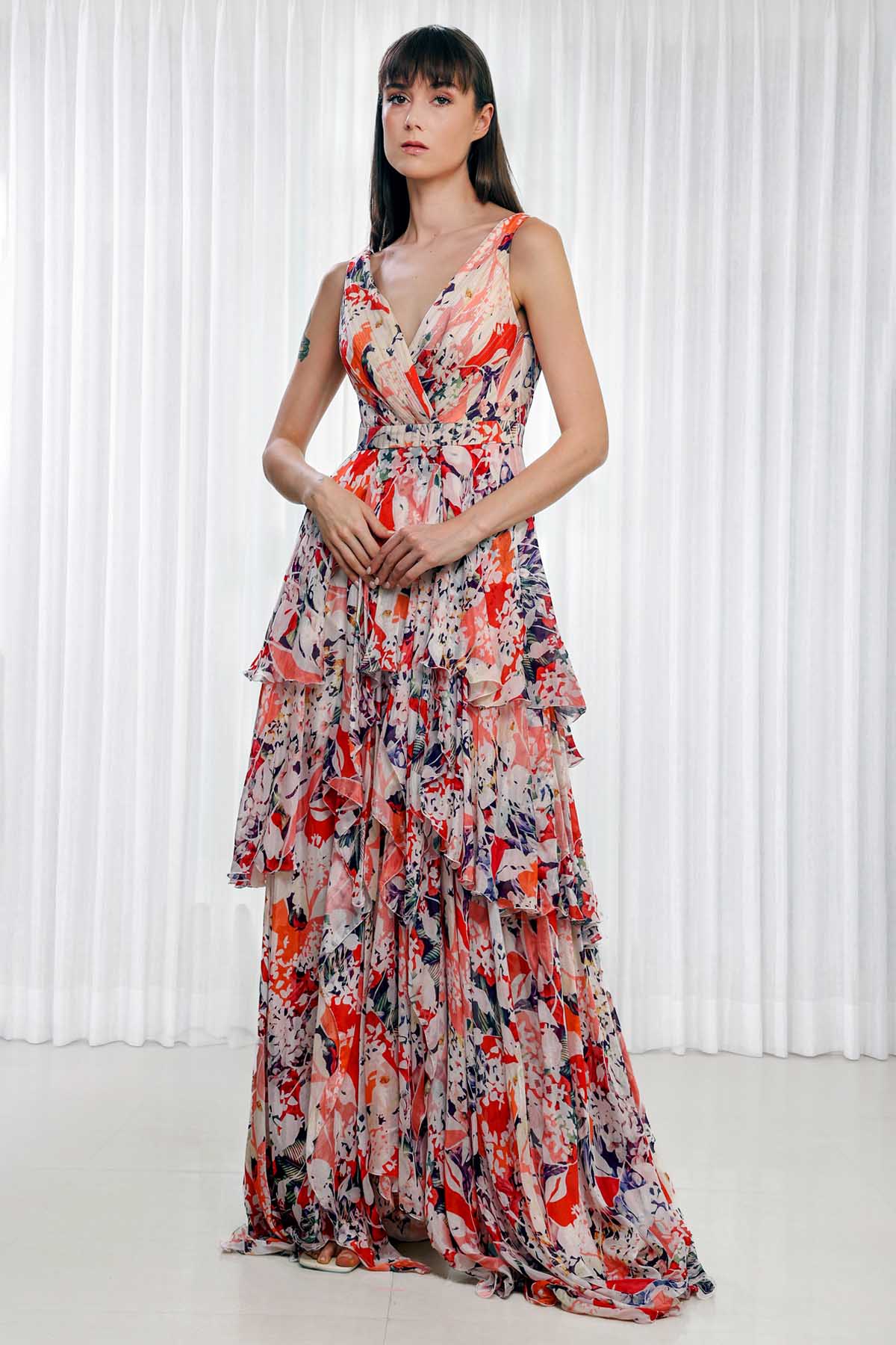 Buy Rose Bud Printed Layered Dress by Mandira Wirk