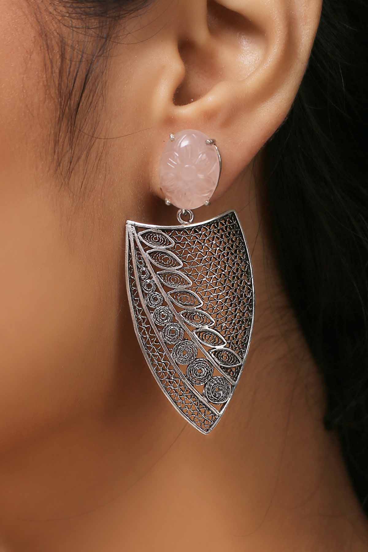 Buy Rose Quartz Stone in Silver Earrings Online