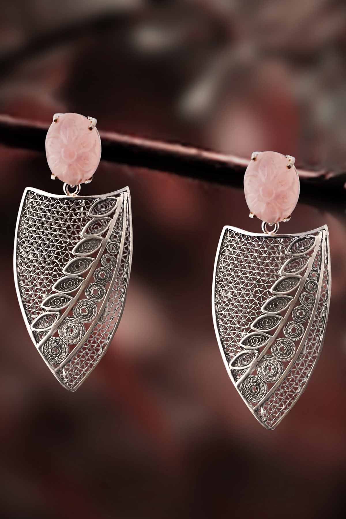 Rose Quartz Stone in Silver Earrings