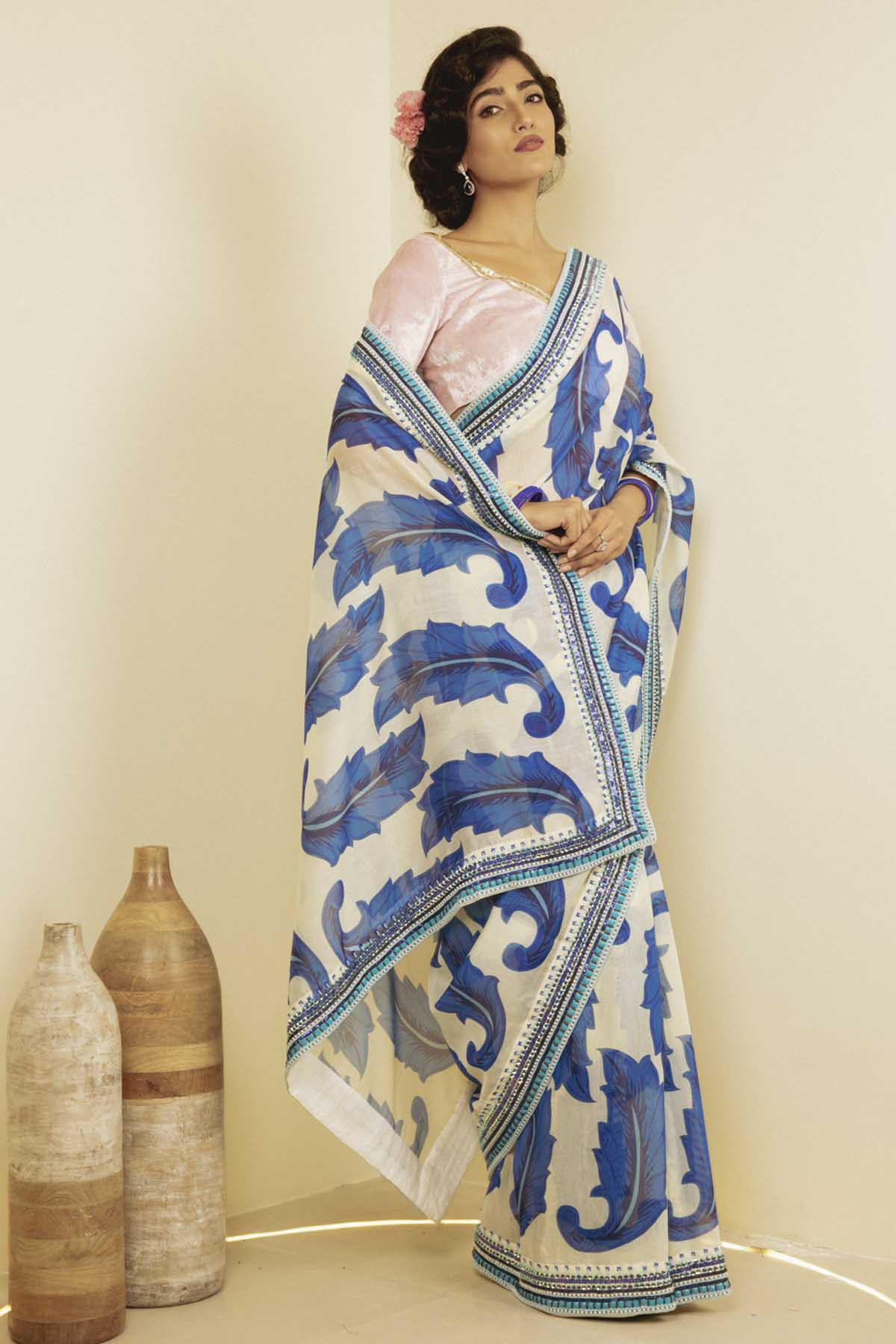 Royal Blue Motifs Printed Saree Set