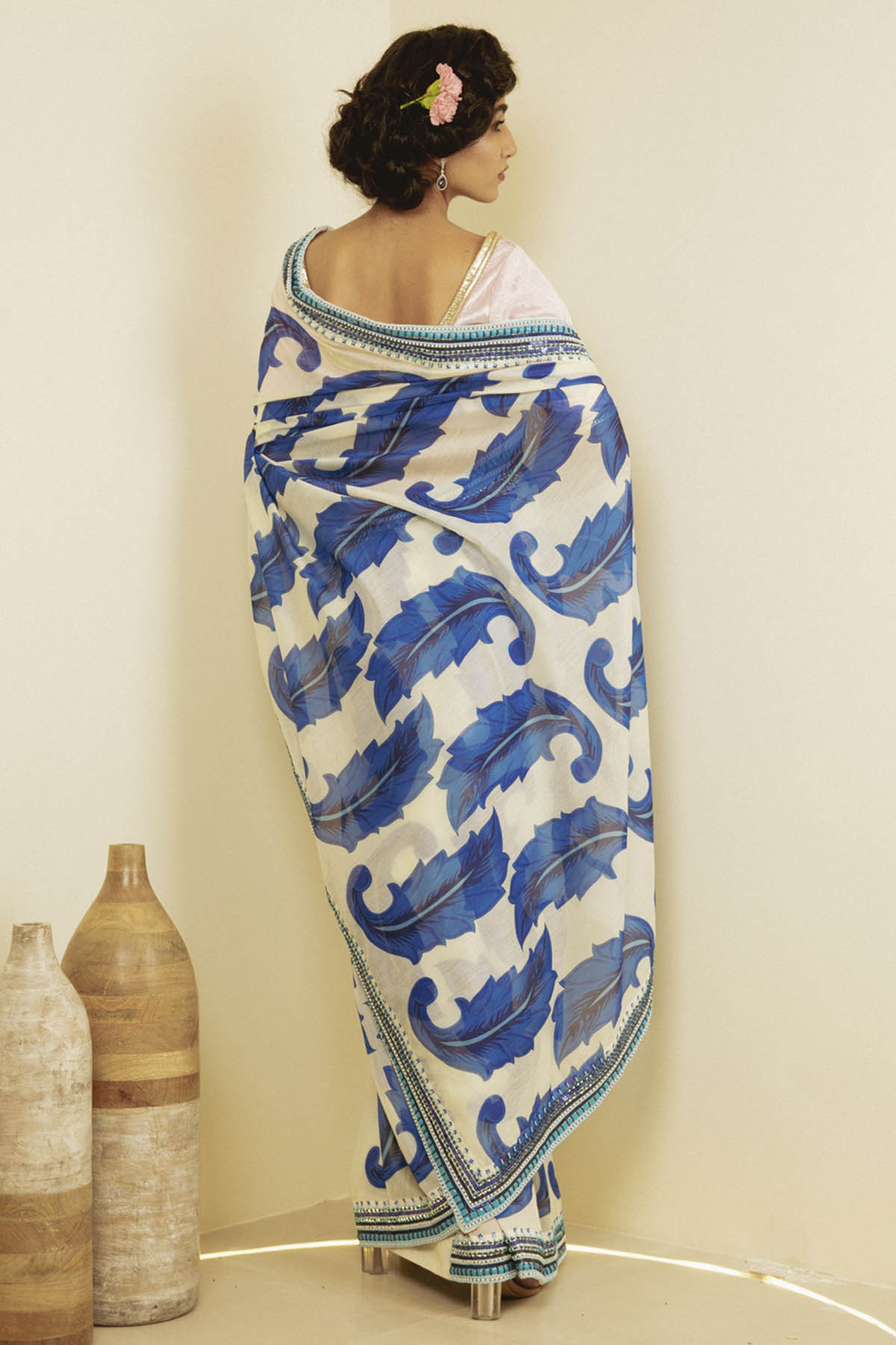 Royal Blue Motifs Printed Saree Set