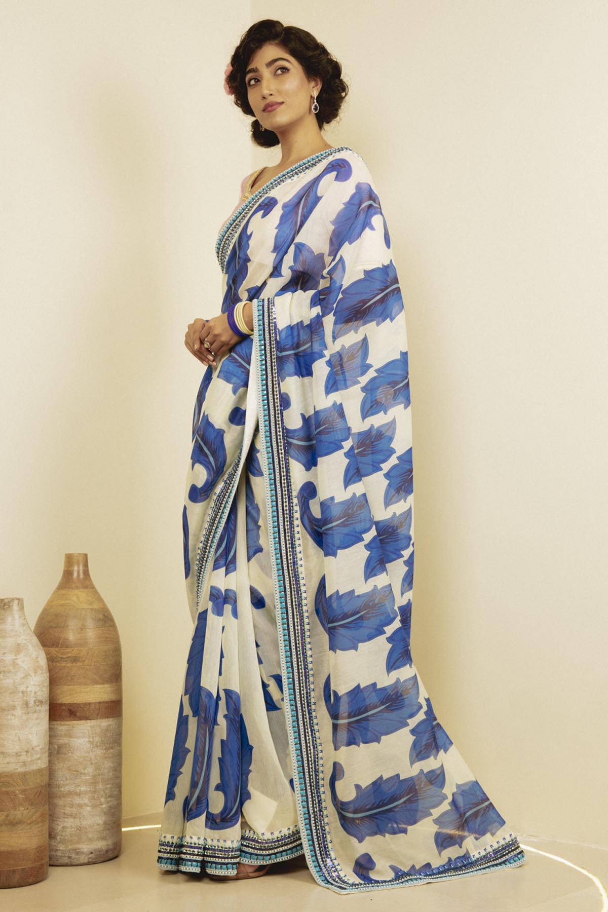Royal Blue Motifs Printed Saree Set