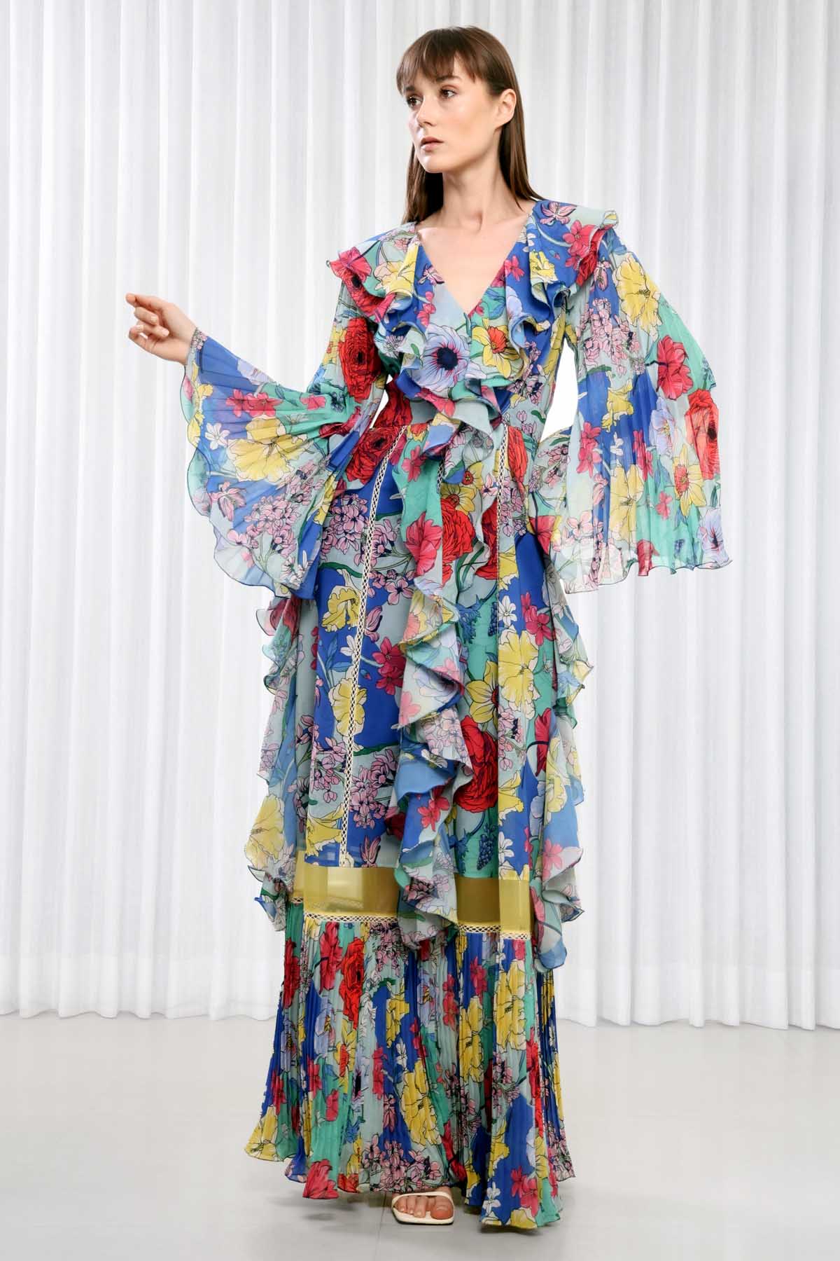 Buy Ruffled Hisbiscus Printed Dress by Mandira Wirk