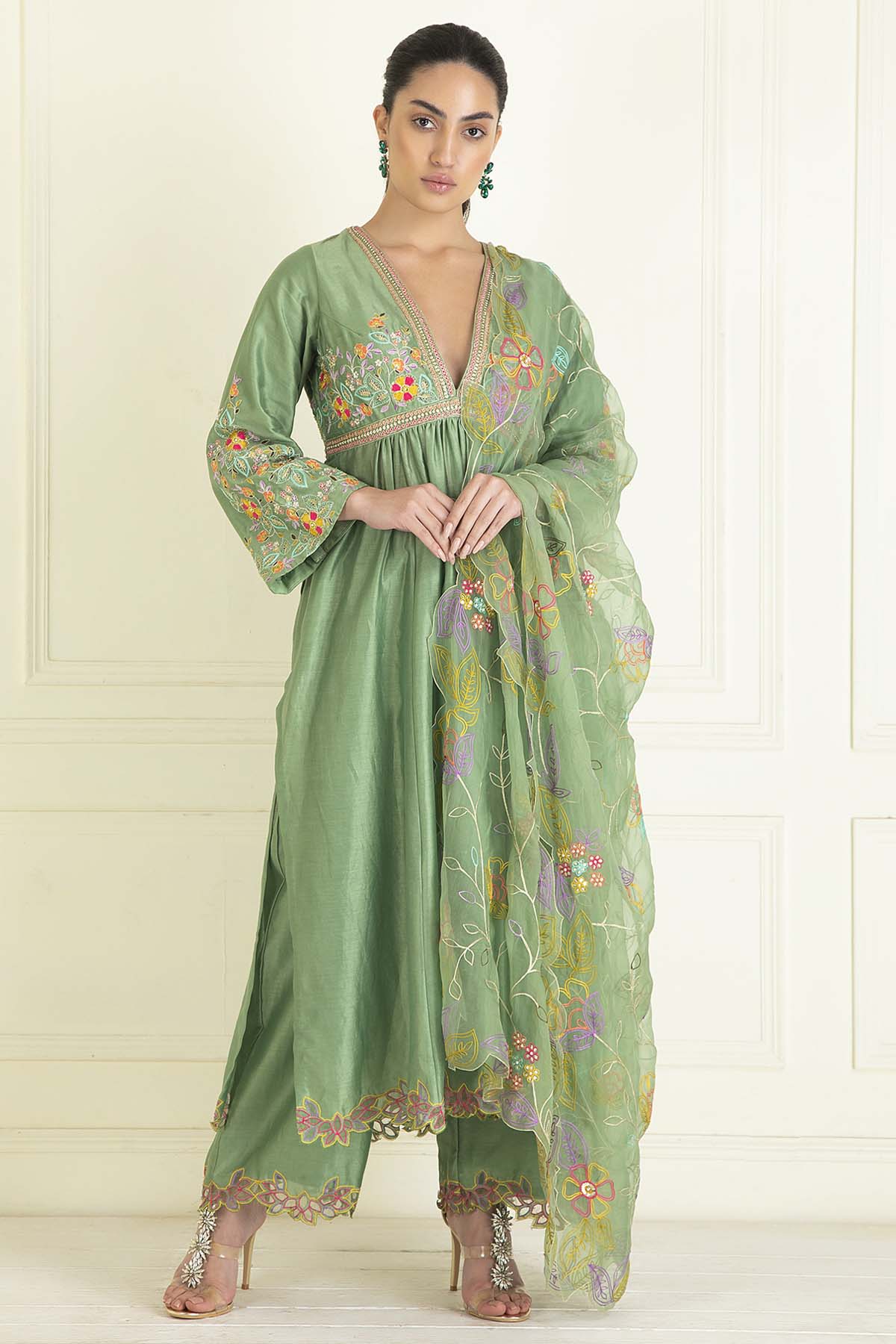 Sage Green Chanderi Anarkali Set