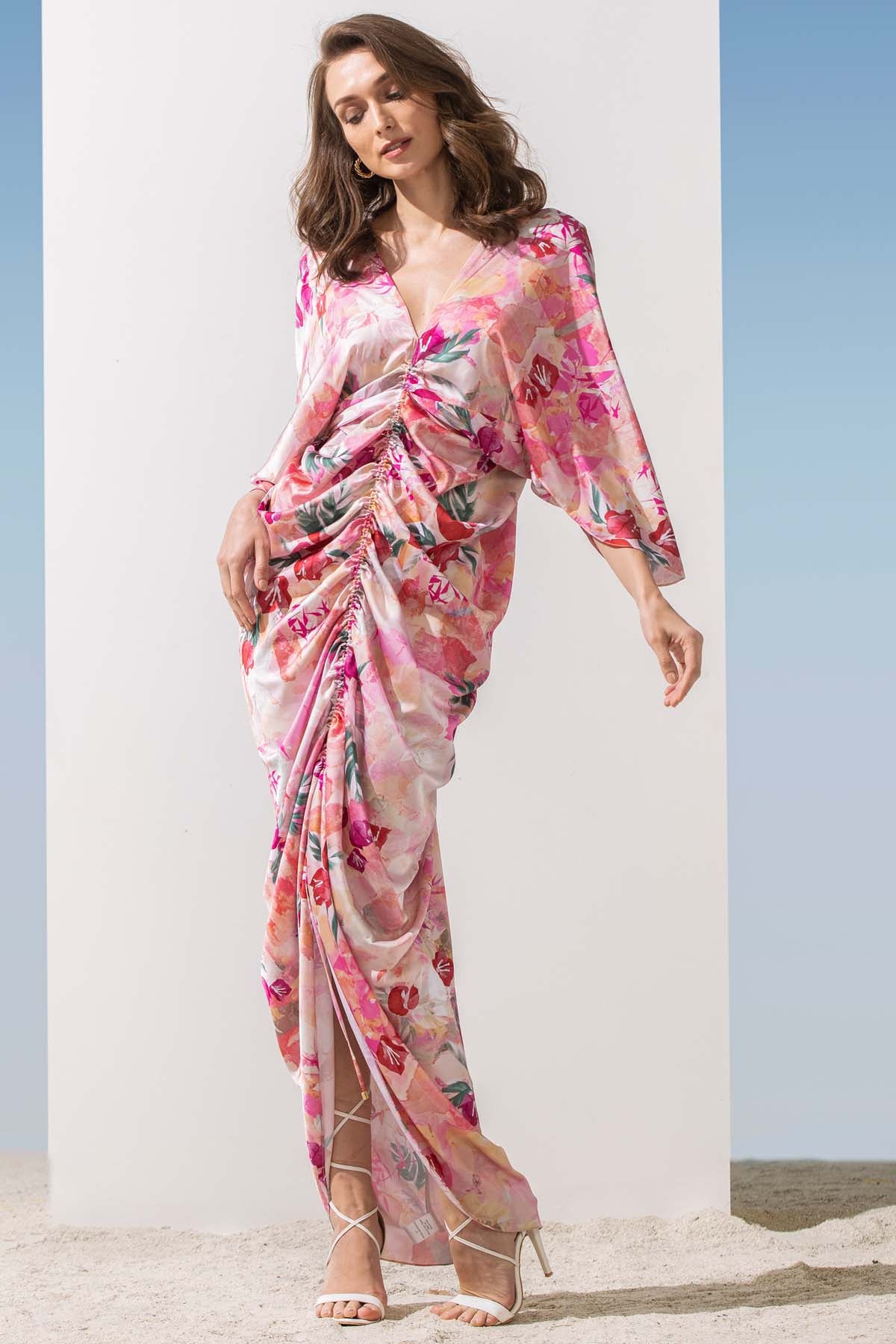 Satin Printed Ruched Kaftan