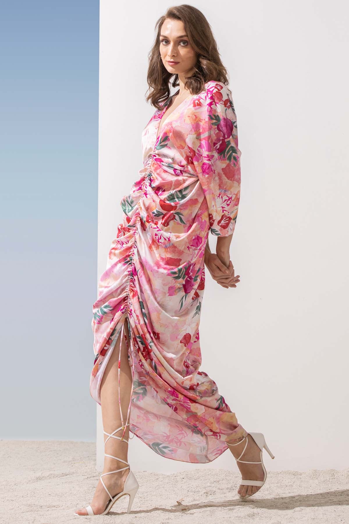 Satin Printed Ruched Kaftan