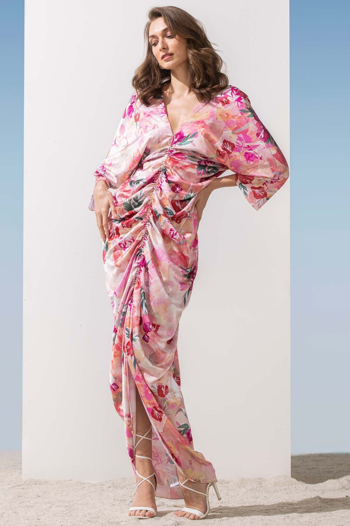 Buy Satin Printed Ruched Kaftan by Mandira Wirk