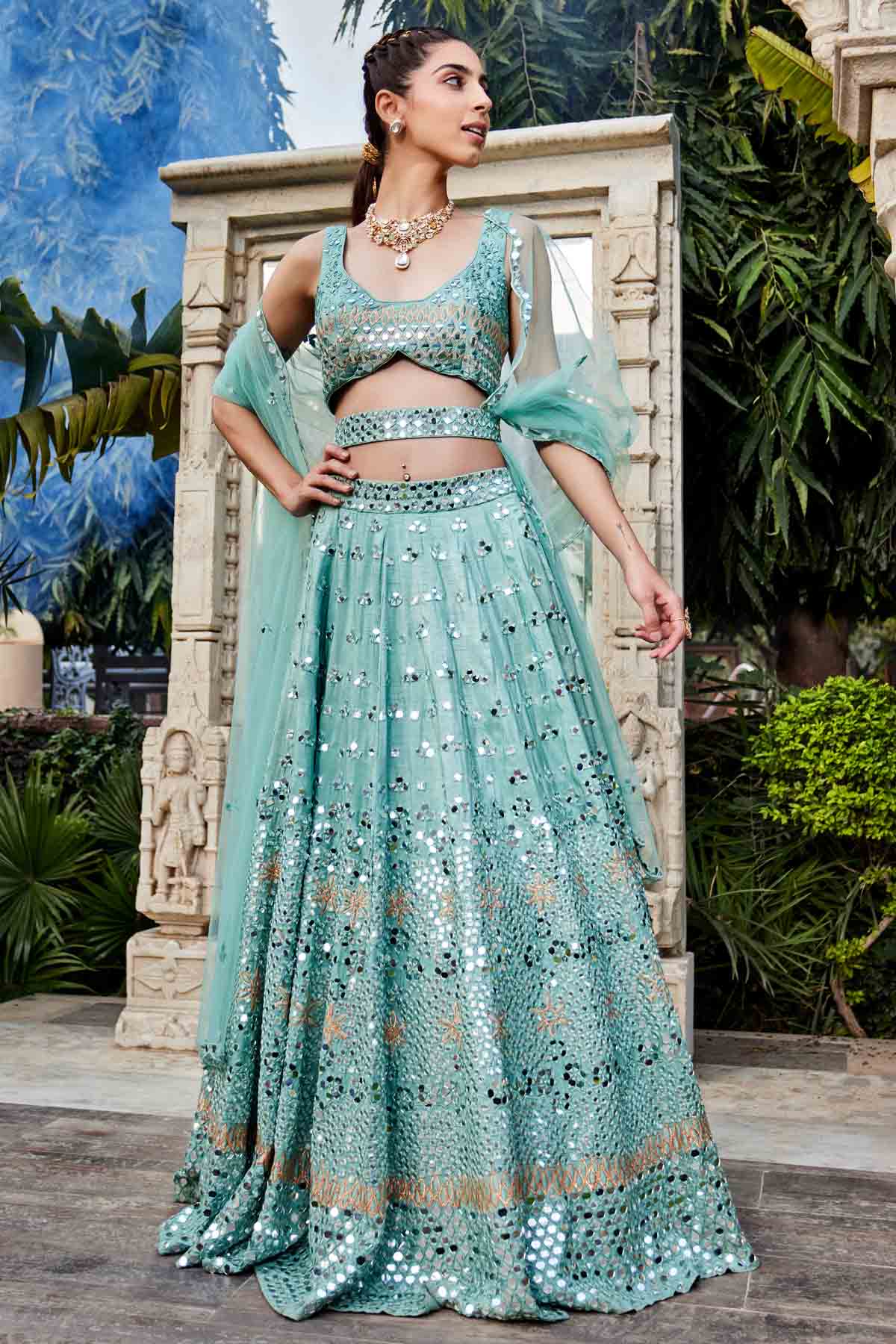 Sea Green Mirror Work Lehenga Set