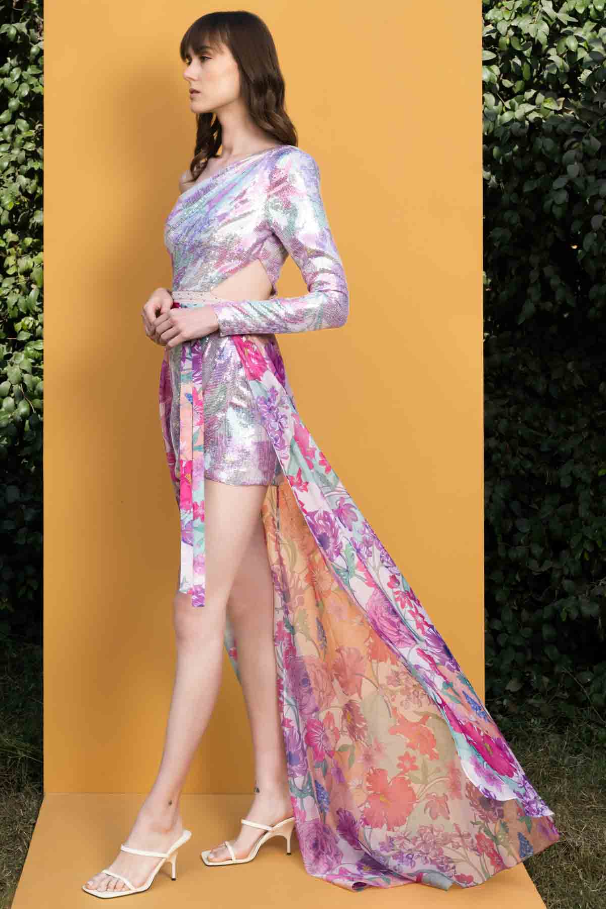 Sequins Hibiscus Printed Short Tulip Dress