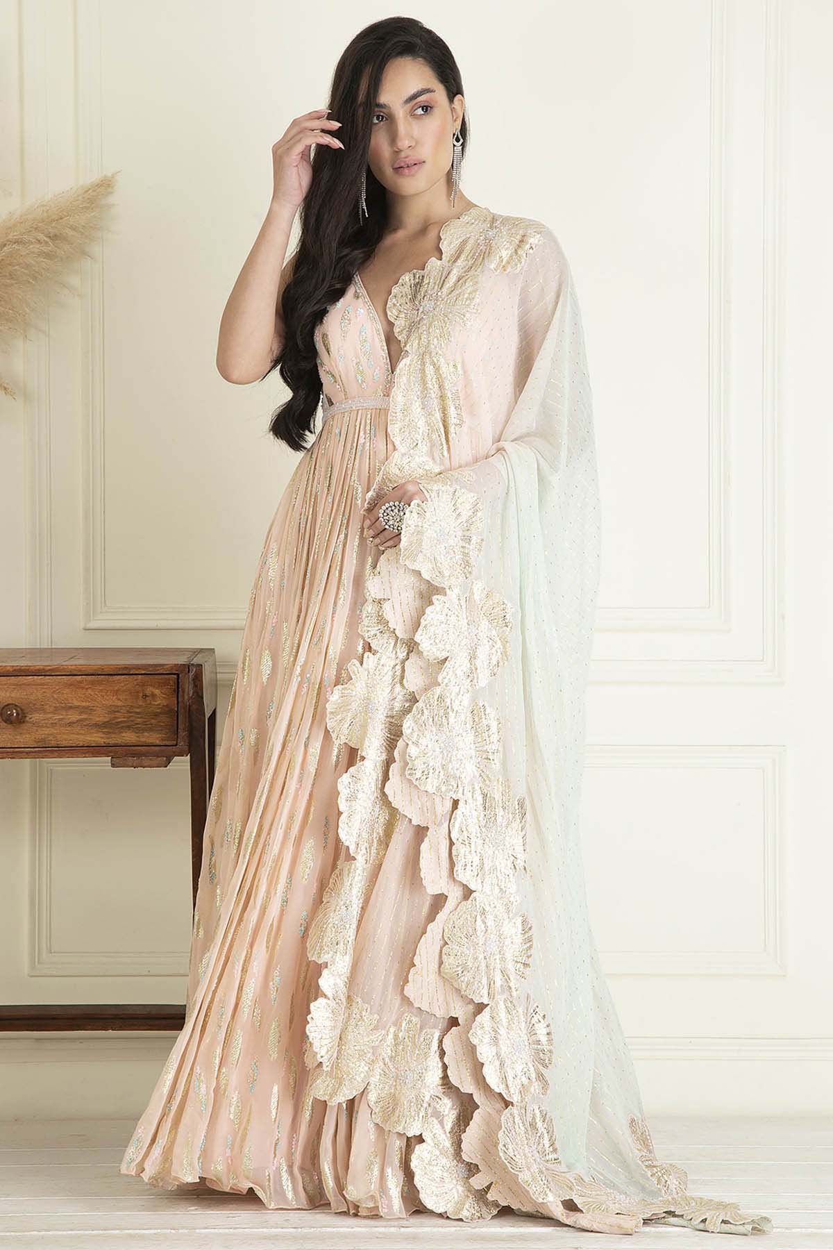 Sequins Pastel Peach Anarkali Set