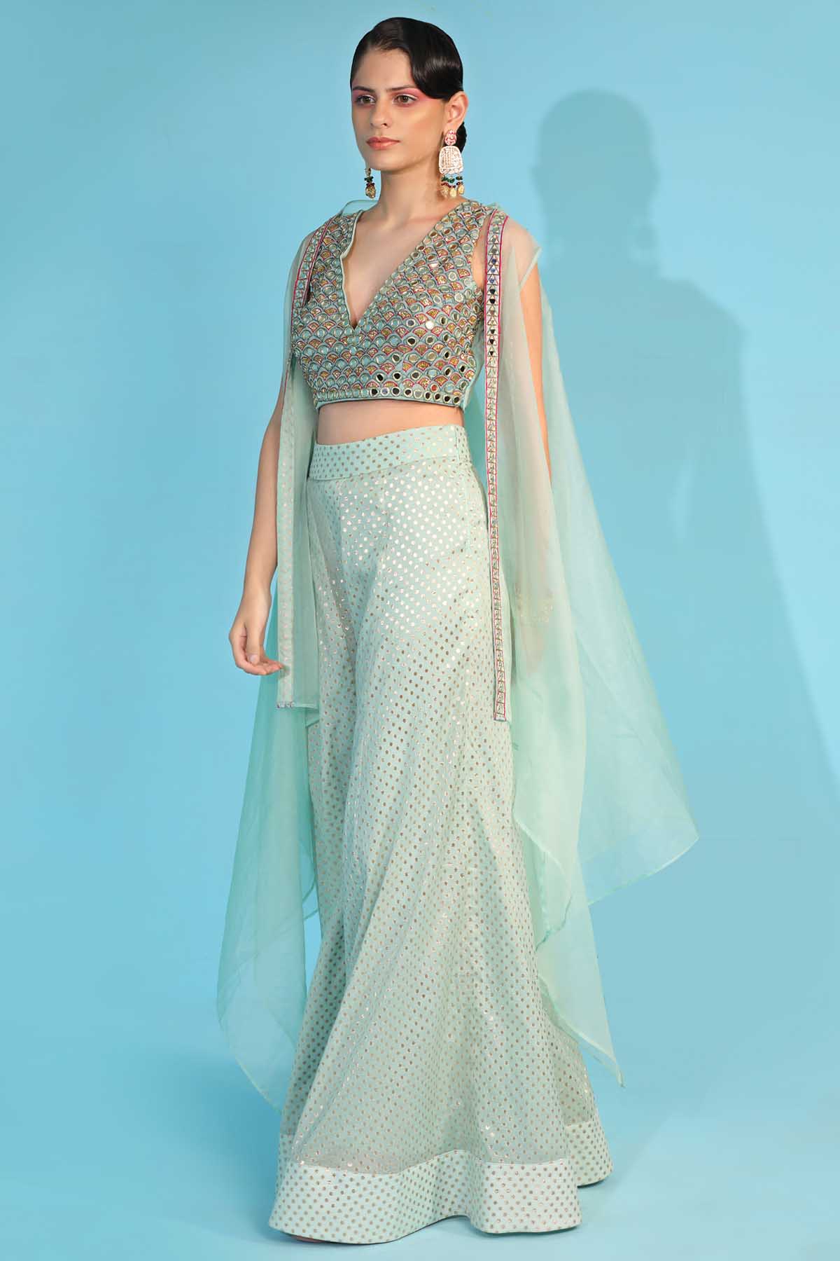 Designer Neha Khullar Sky Blue Embroidered Cape & Sharara Set for Women Online