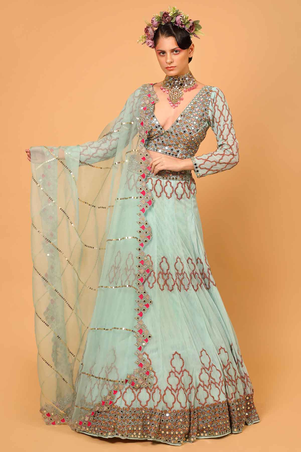 Designer Neha Khullar Sky blue Embroidered Lehenga Set for Women Online
