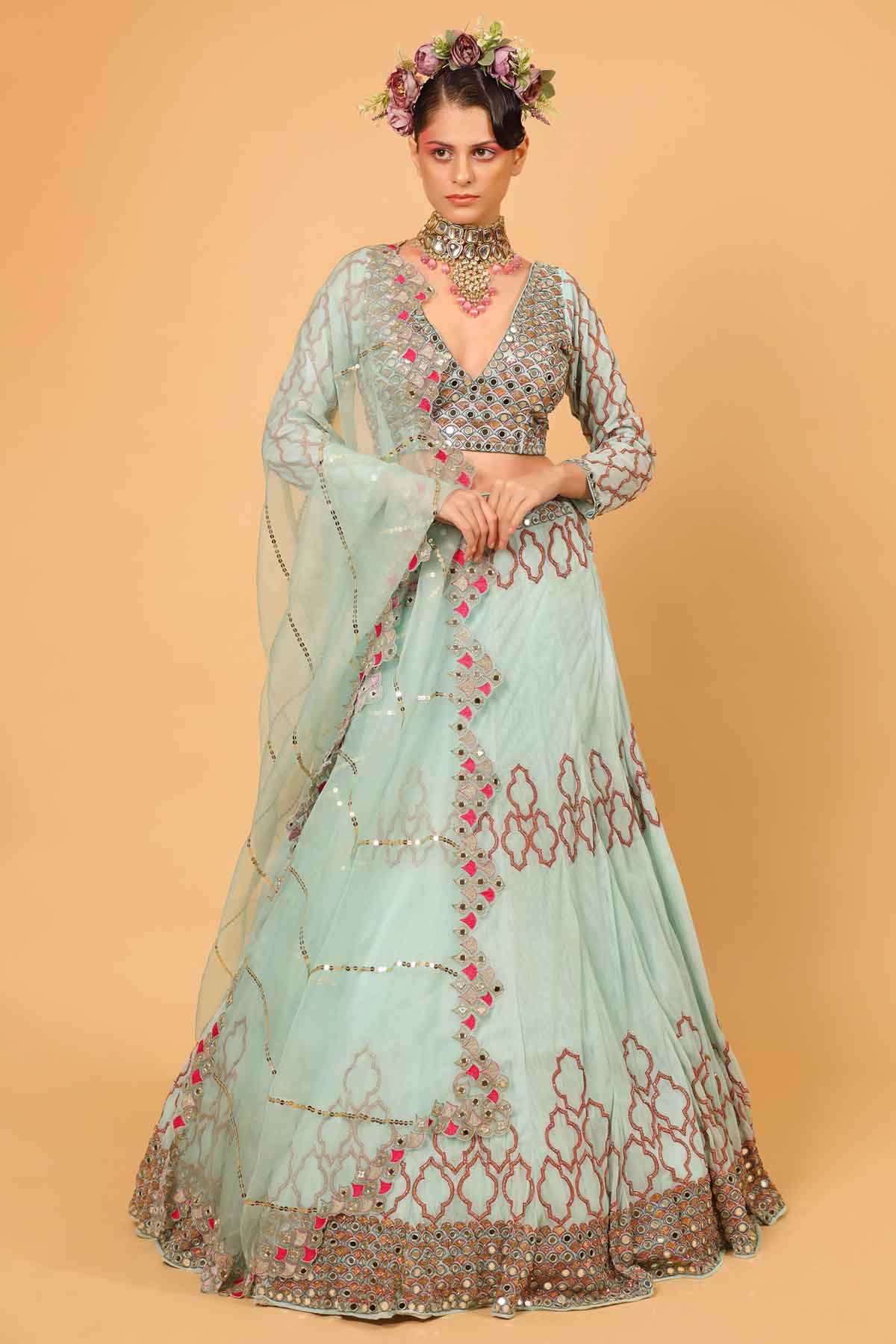Sky blue Embroidered Lehenga Set
