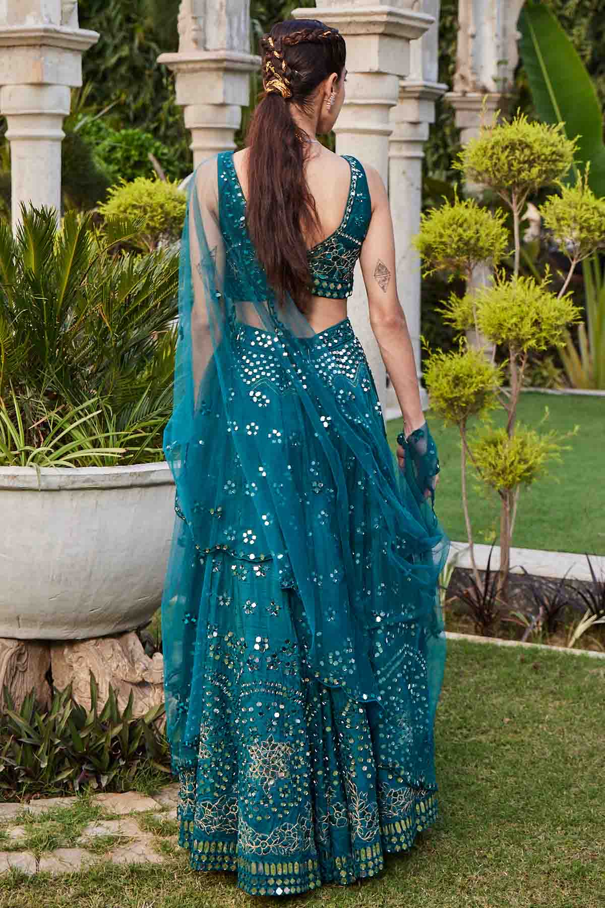 Teal Mirror Embroidered Lehenga Set