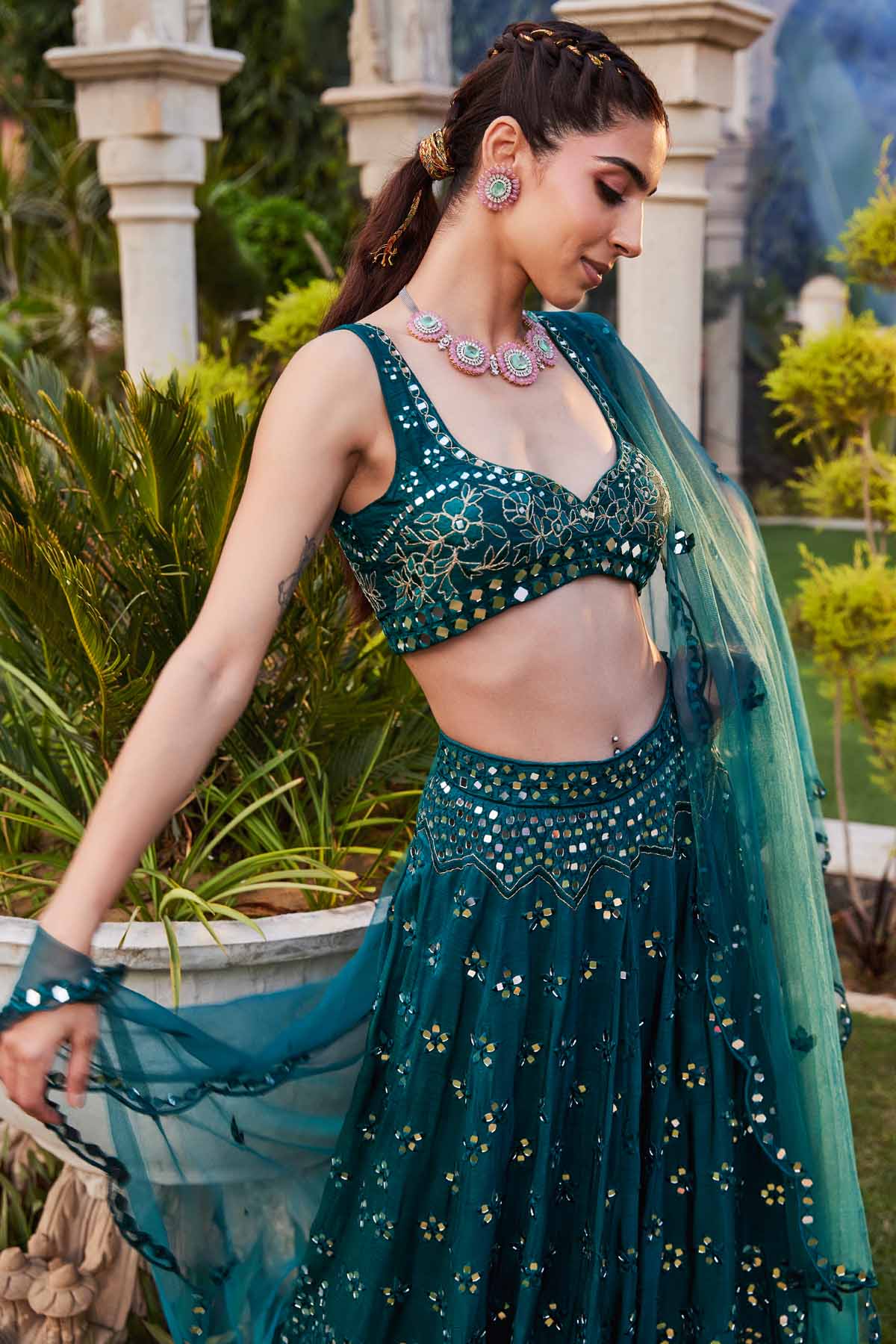 Teal Mirror Embroidered Lehenga Set